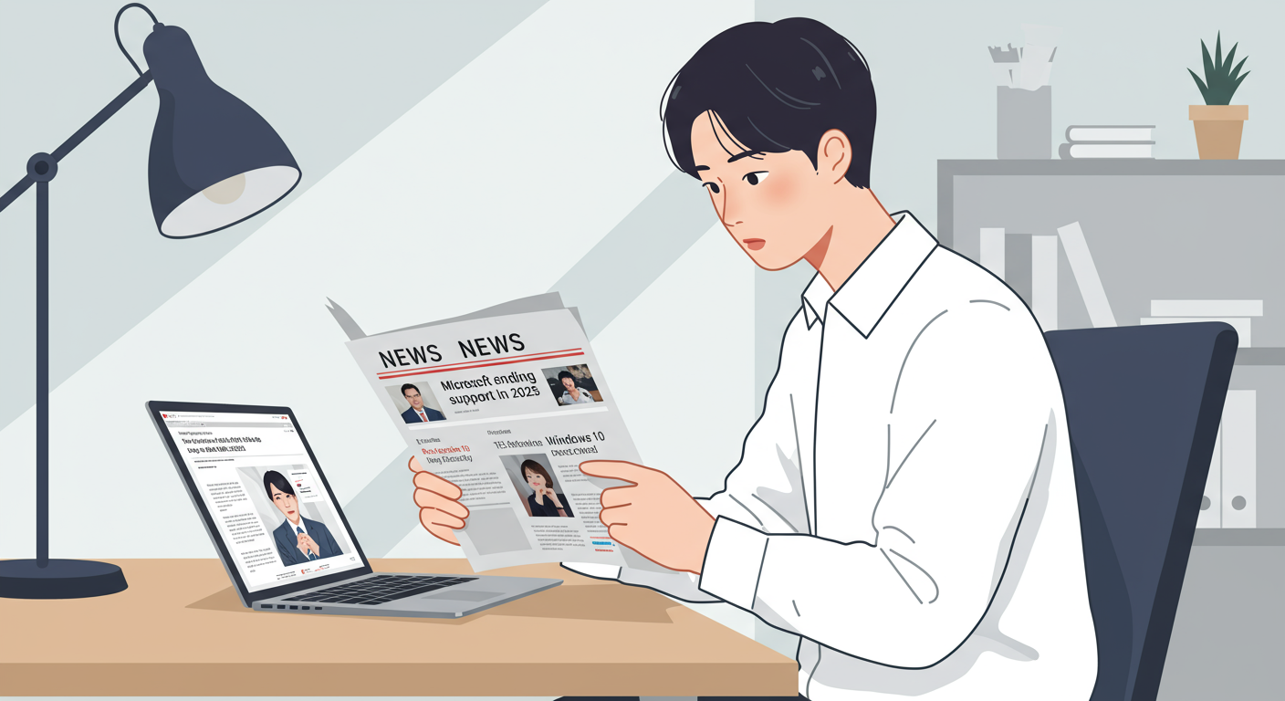 현대적인 사무실에서 노트북으로 윈도우10 지원 종료 뉴스를 읽고 있는 모습