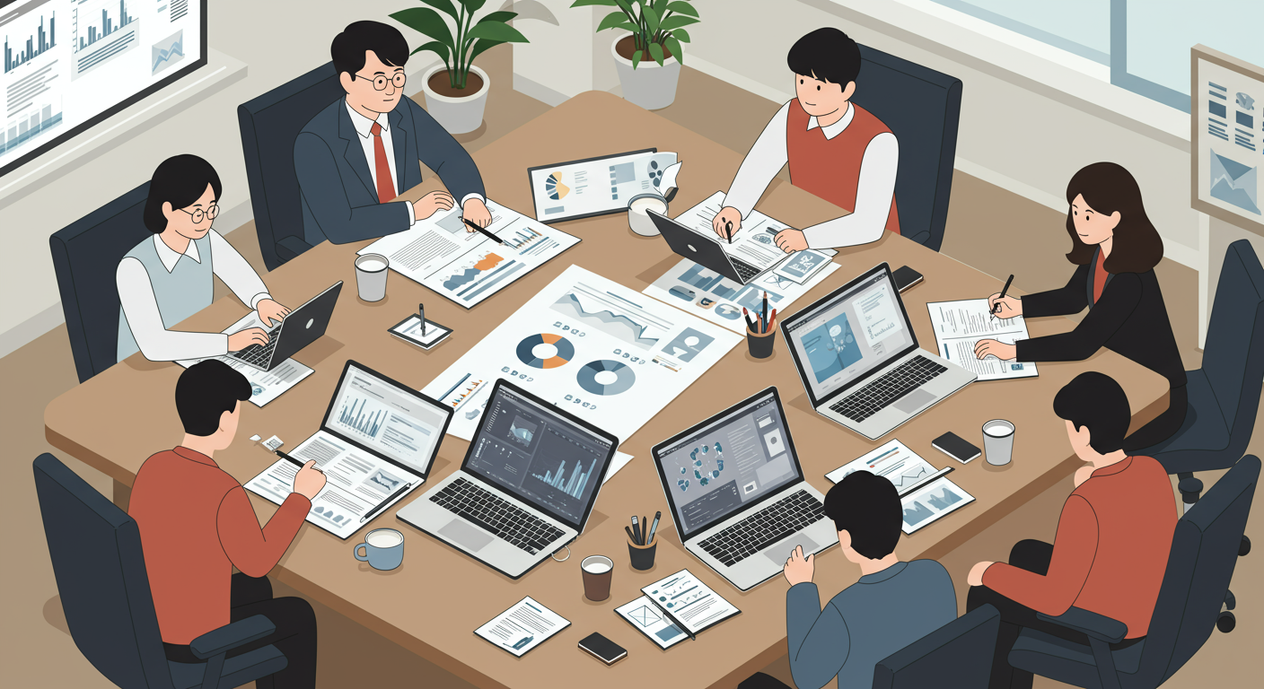 회의실에서 보안 위협에 대해 논의하는 IT 전문가들의 모습