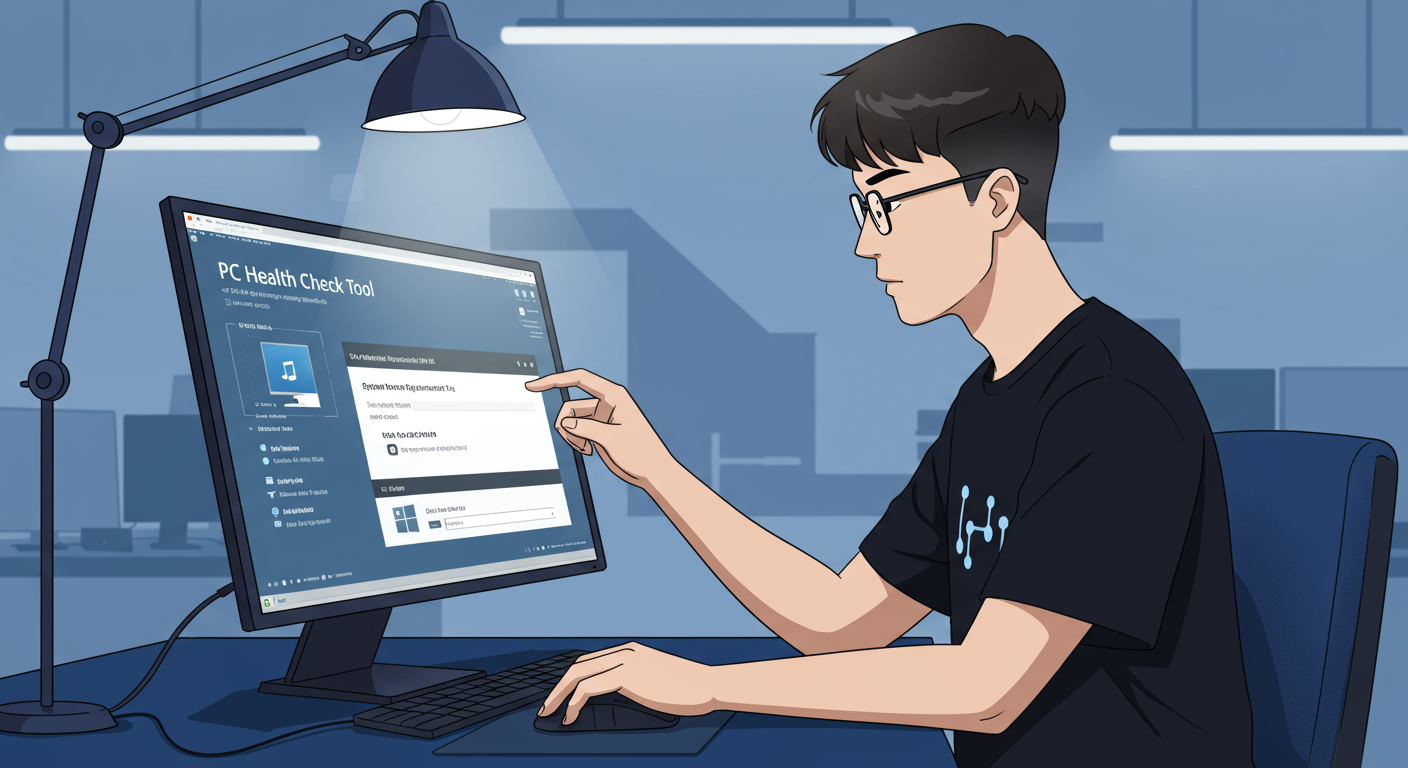 'PC 상태 검사 도구'로 시스템 요구 사항을 확인하는 기술자의 모습