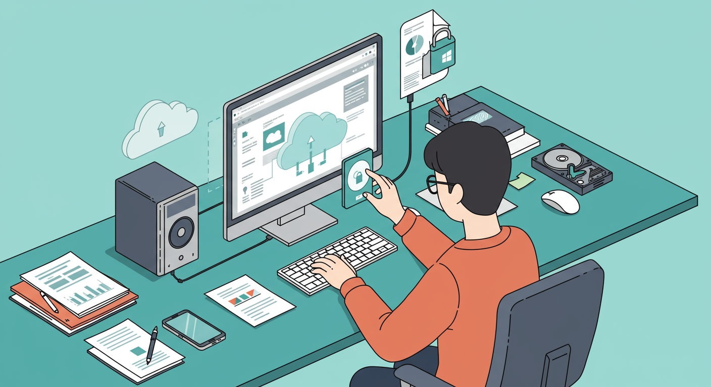 업그레이드 전 클라우드 저장소에 파일을 백업하는 학생의 모습