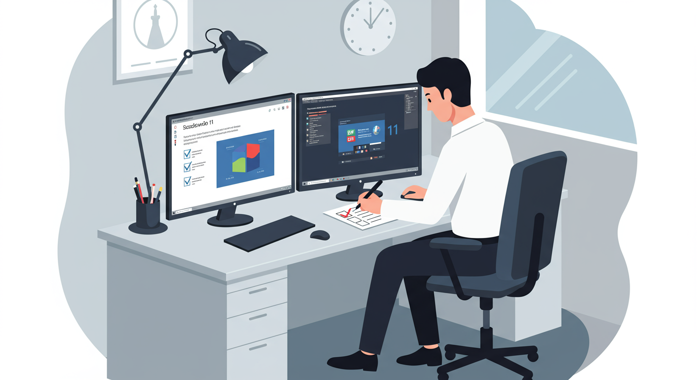 듀얼 모니터로 소프트웨어 기능 테스트와 체크리스트 점검 중인 사무직원의 모습