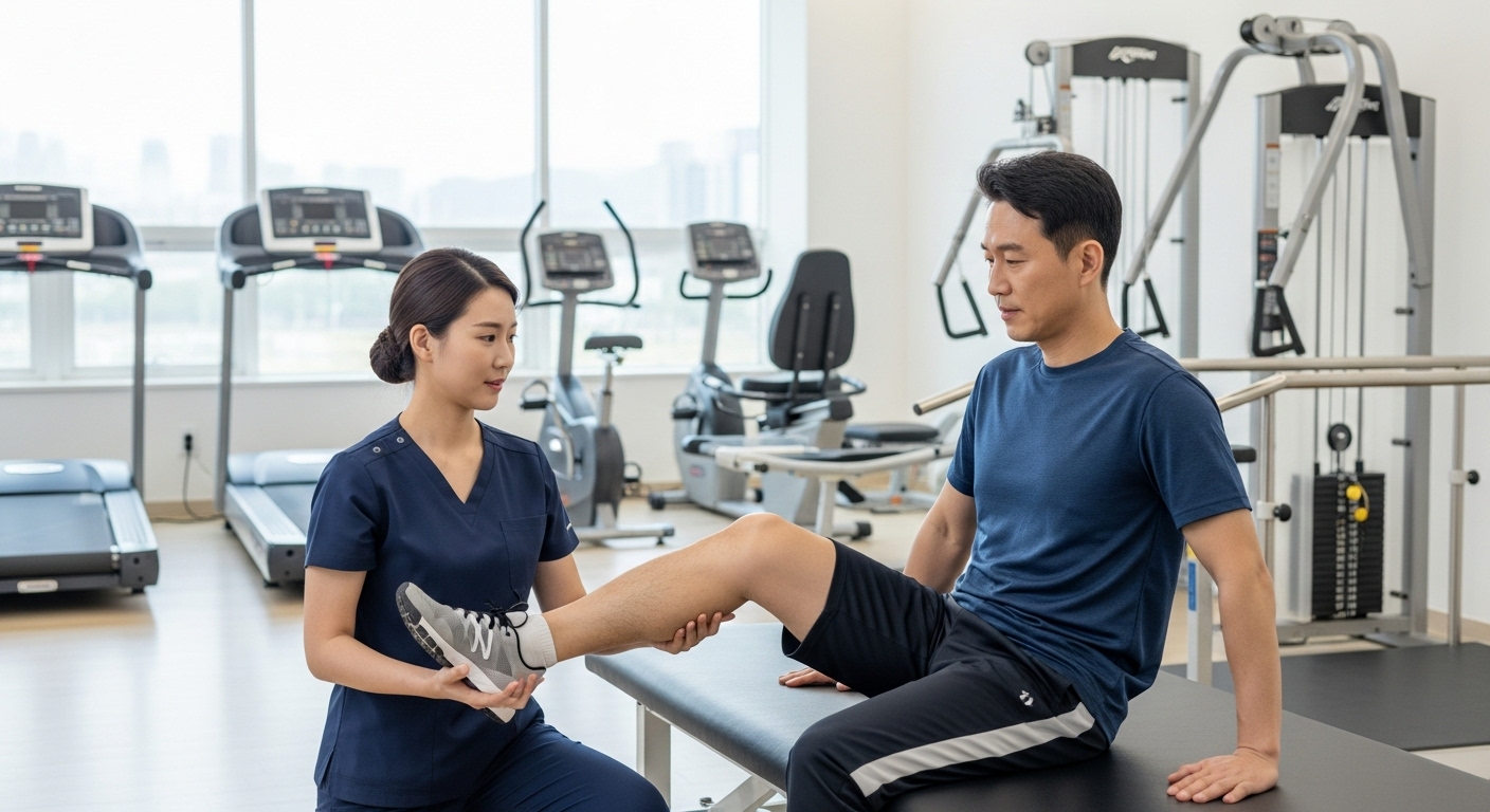현대적 재활 센터에서 치료사가 환자에게 무릎 운동을 지도하는 장면