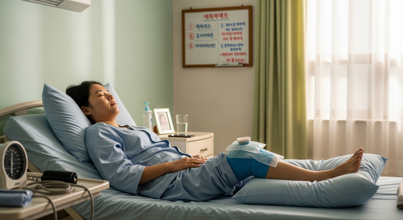 무릎 위에 얼음팩을 올리고 침대에 누워 휴식을 취하는 환자 모습