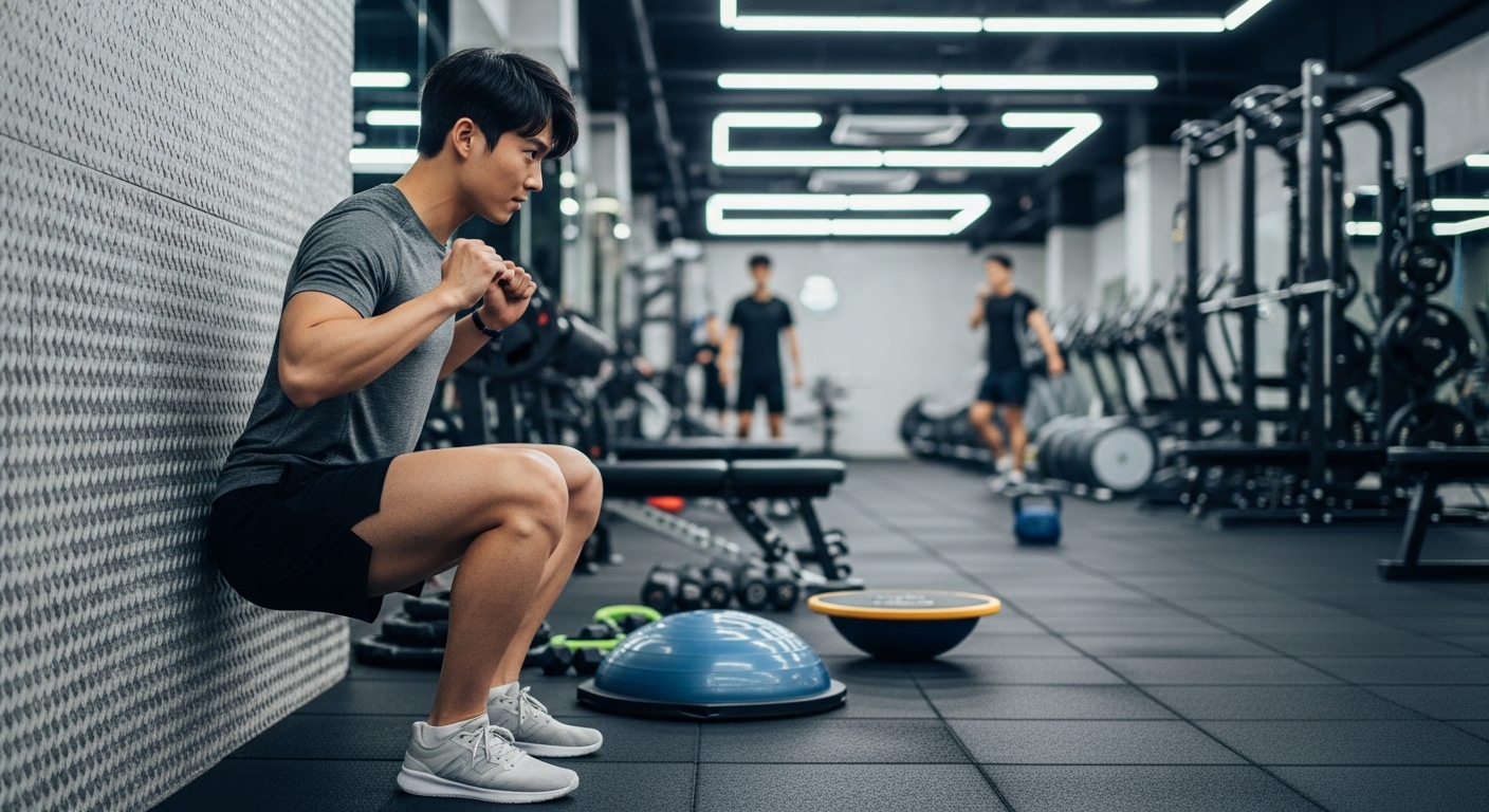 체육관에서 벽 스쿼트와 균형 잡기 운동을 하는 모습