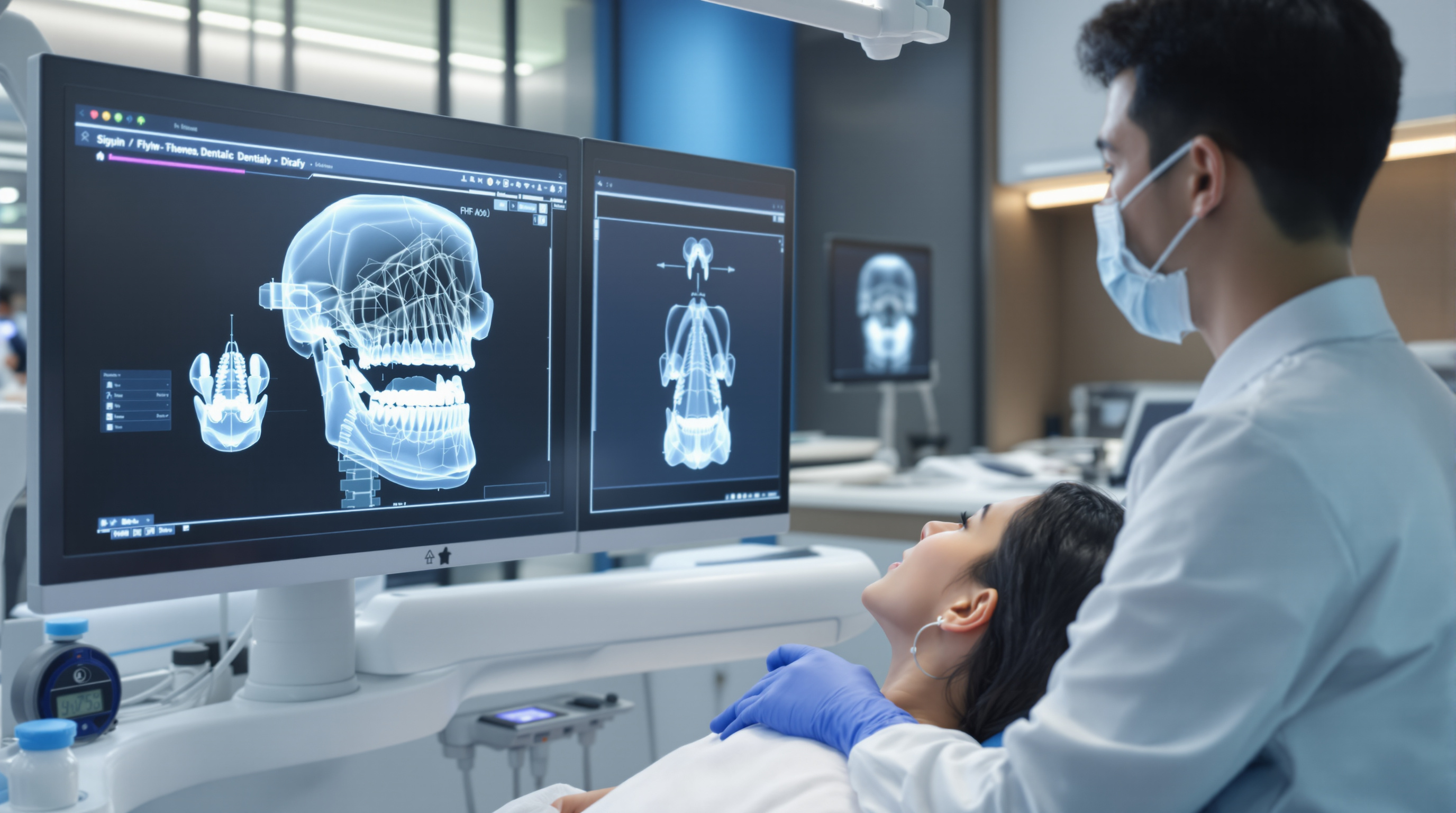 현대 한국 치과에서 의사가 환자에게 치아 교정과 턱관절에 대해 설명하는 장면