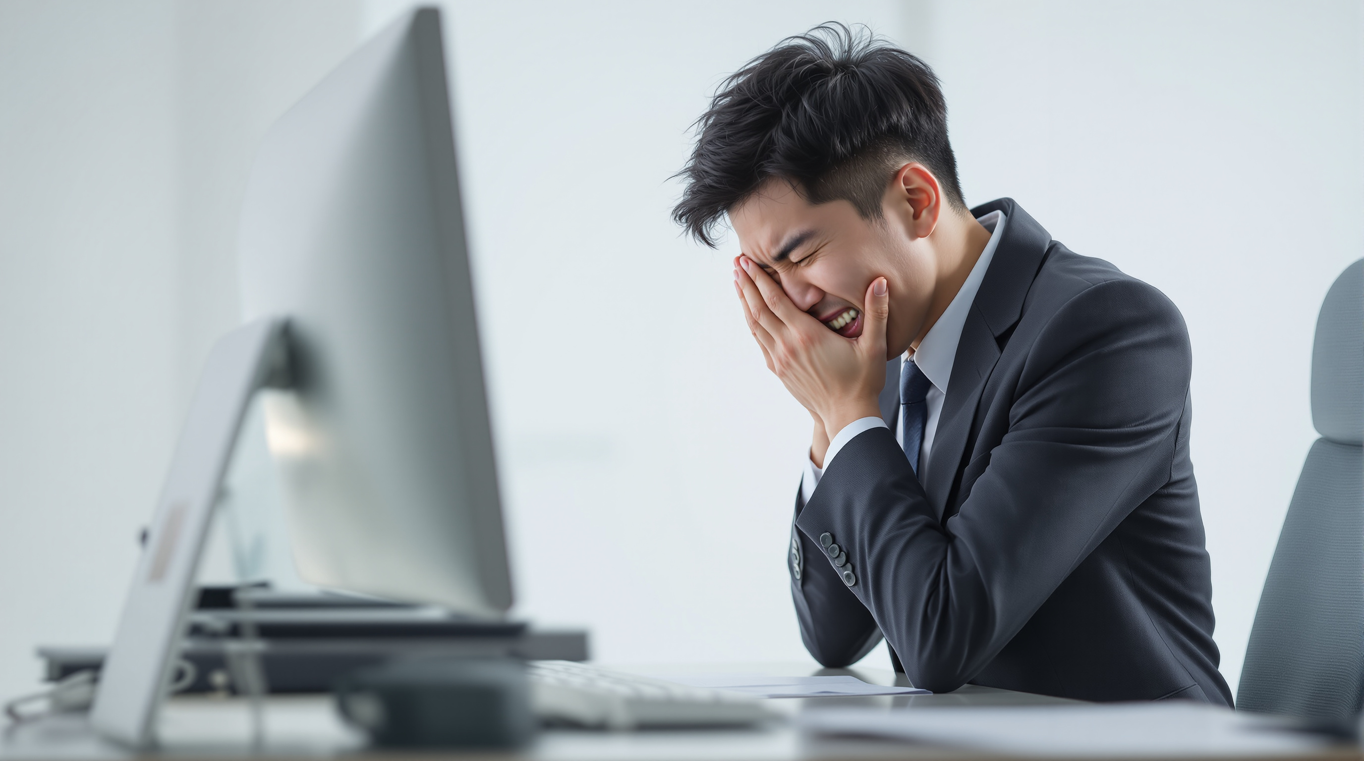 책상에 앉아 스트레스로 이를 갈고 있는 한국 직장인의 모습