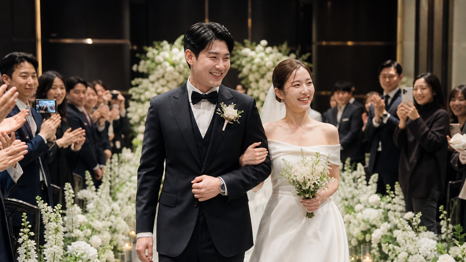 서울의 세련된 실내 공간에서 현대적인 한국 웨딩 분위기를 즐기는 모습