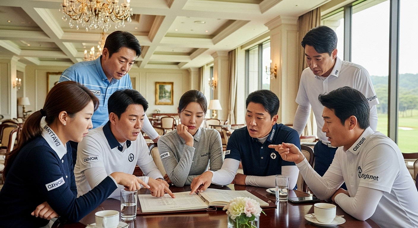 고급 클럽하우스에서 가격에 대해 논의하는 한국 골퍼들의 모습