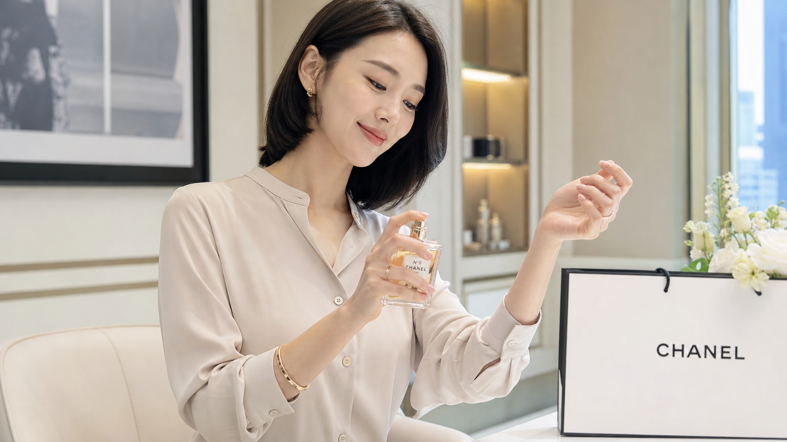 현대적인 여성이 우아하게 샤넬 넘버파이브 향수를 손목에 뿌리는 모습