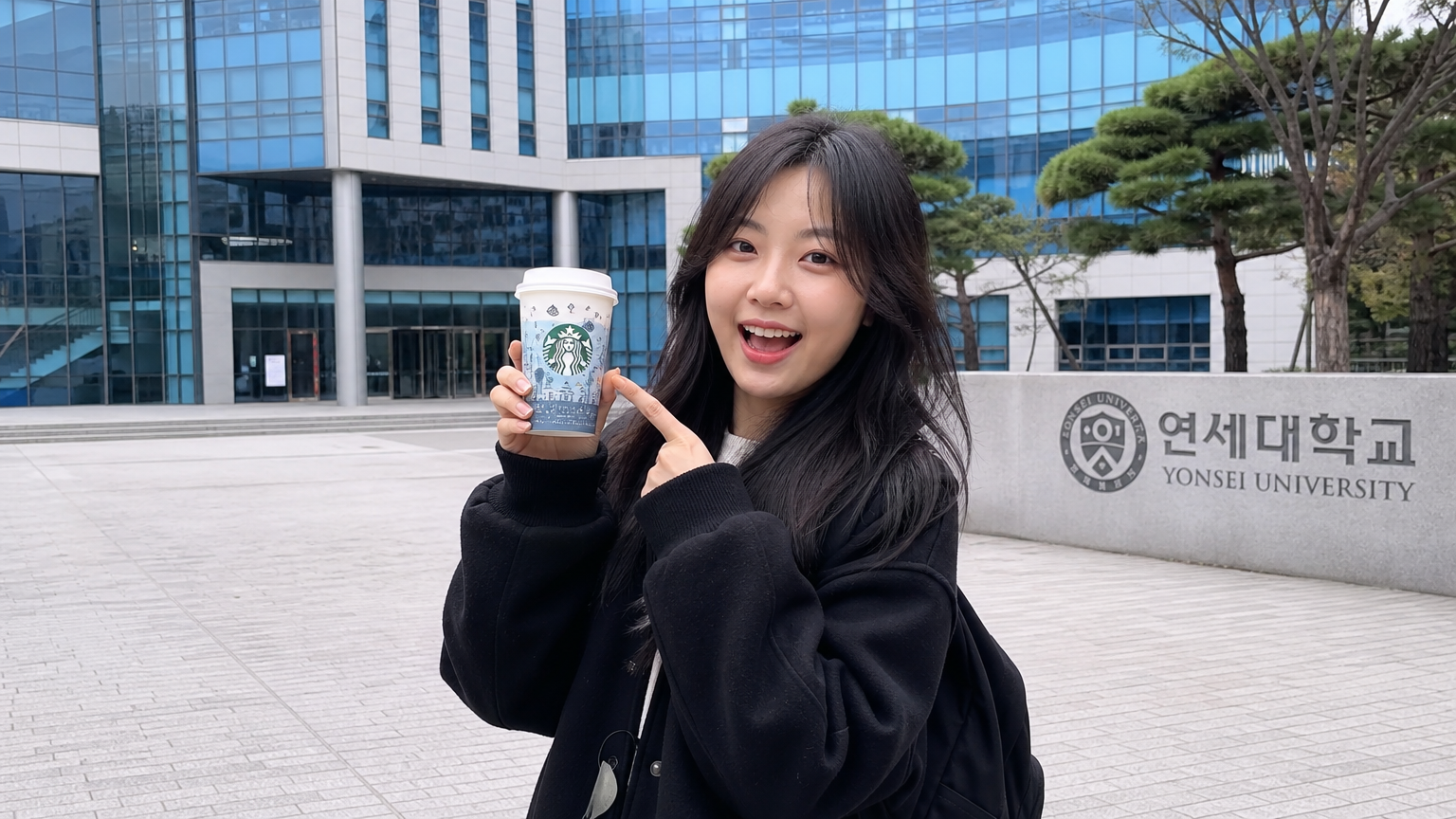 현대적인 대학교 캠퍼스 앞에서 배제고 디자인의 한정판 스타벅스 컵을 들고 있는 대학생