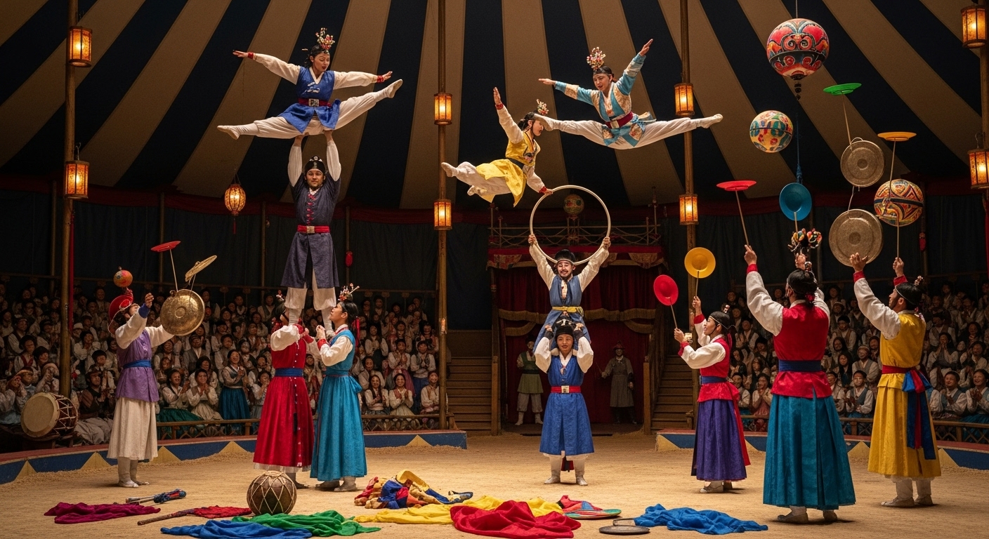 전통 복장을 입은 한국 서커스 공연단이 대형 텐트 아래에서 곡예와 저글링을 선보이는 모습