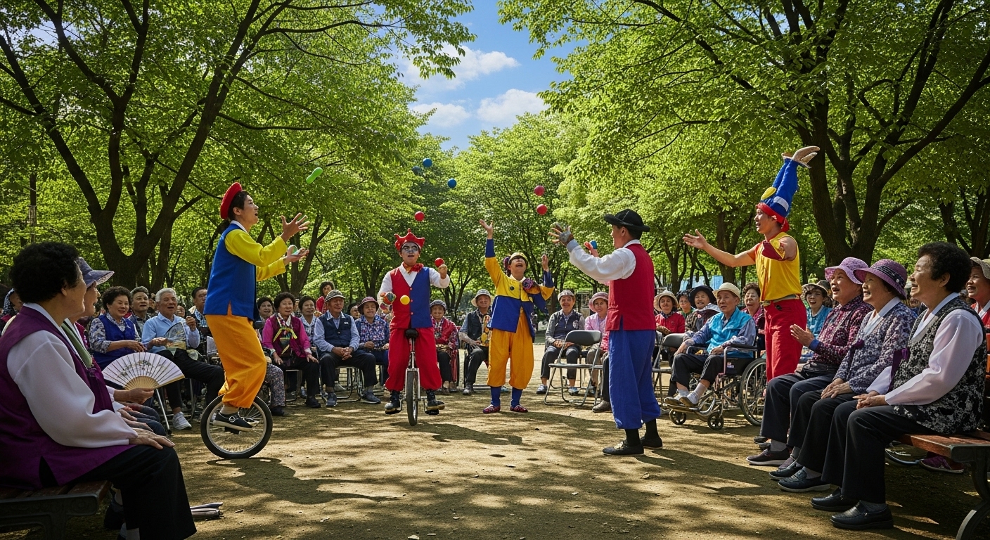 야외에서 무료로 펼쳐지는 서커스를 즐기는 어르신들의 밝은 표정