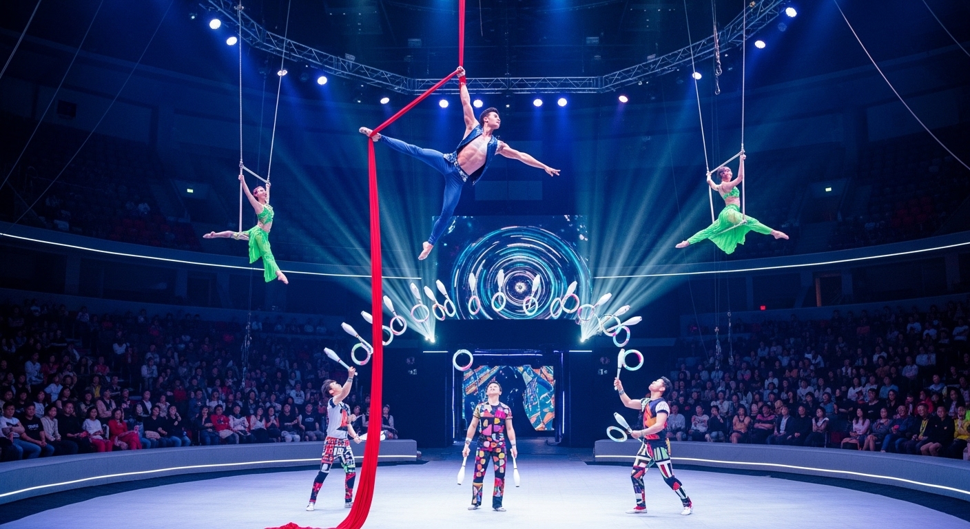 동물 없이 공중 묘기와 저글링을 선보이는 현대적 감각의 한국 서커스 공연장