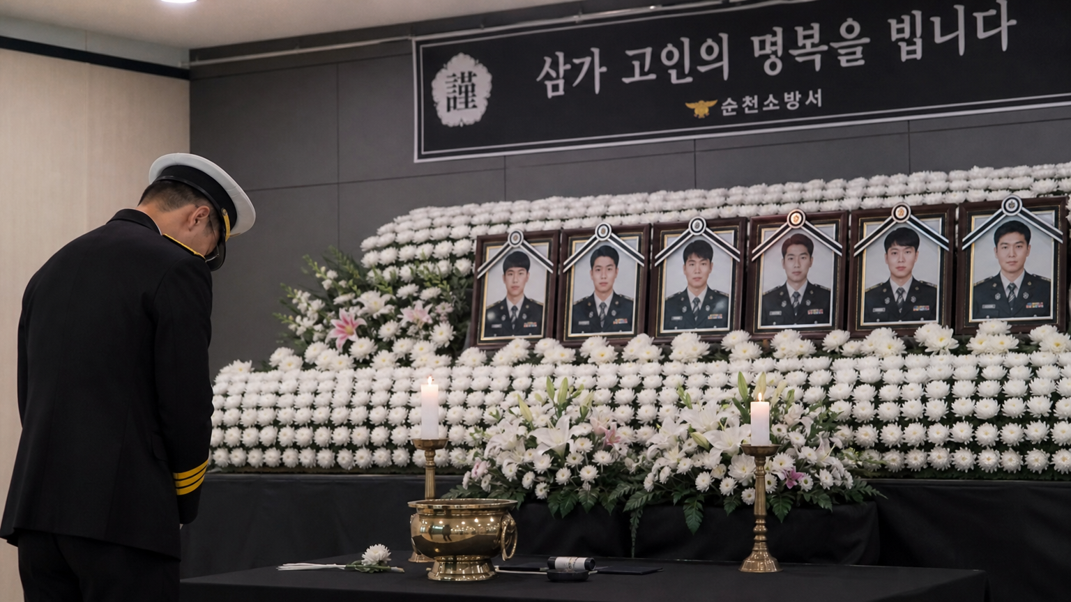 조용한 방에 마련된 한국 소방관의 엄숙한 추모 공간