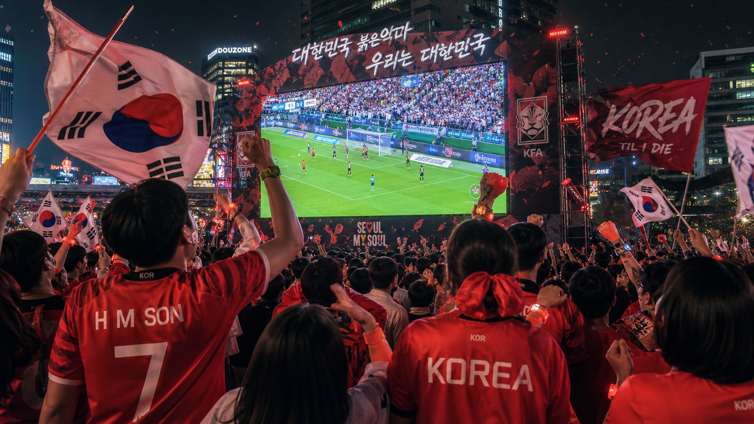 한국 팬들이 밤에 대형 스크린으로 축구 경기를 보는 모습