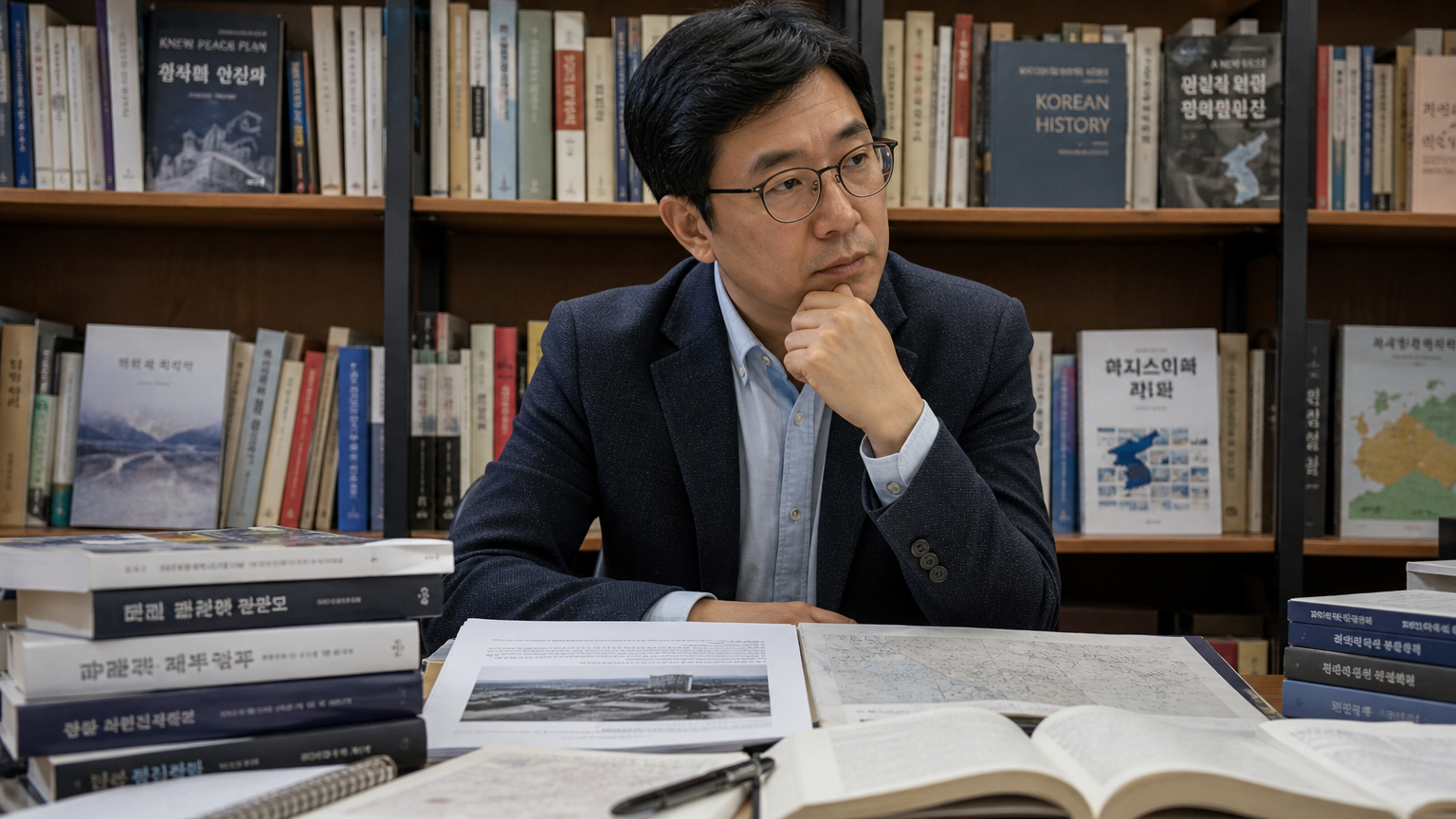 한국 역사와 통일 계획 관련 책들로 가득한 도서관에서 생각에 잠긴 현대 한국 역사가
