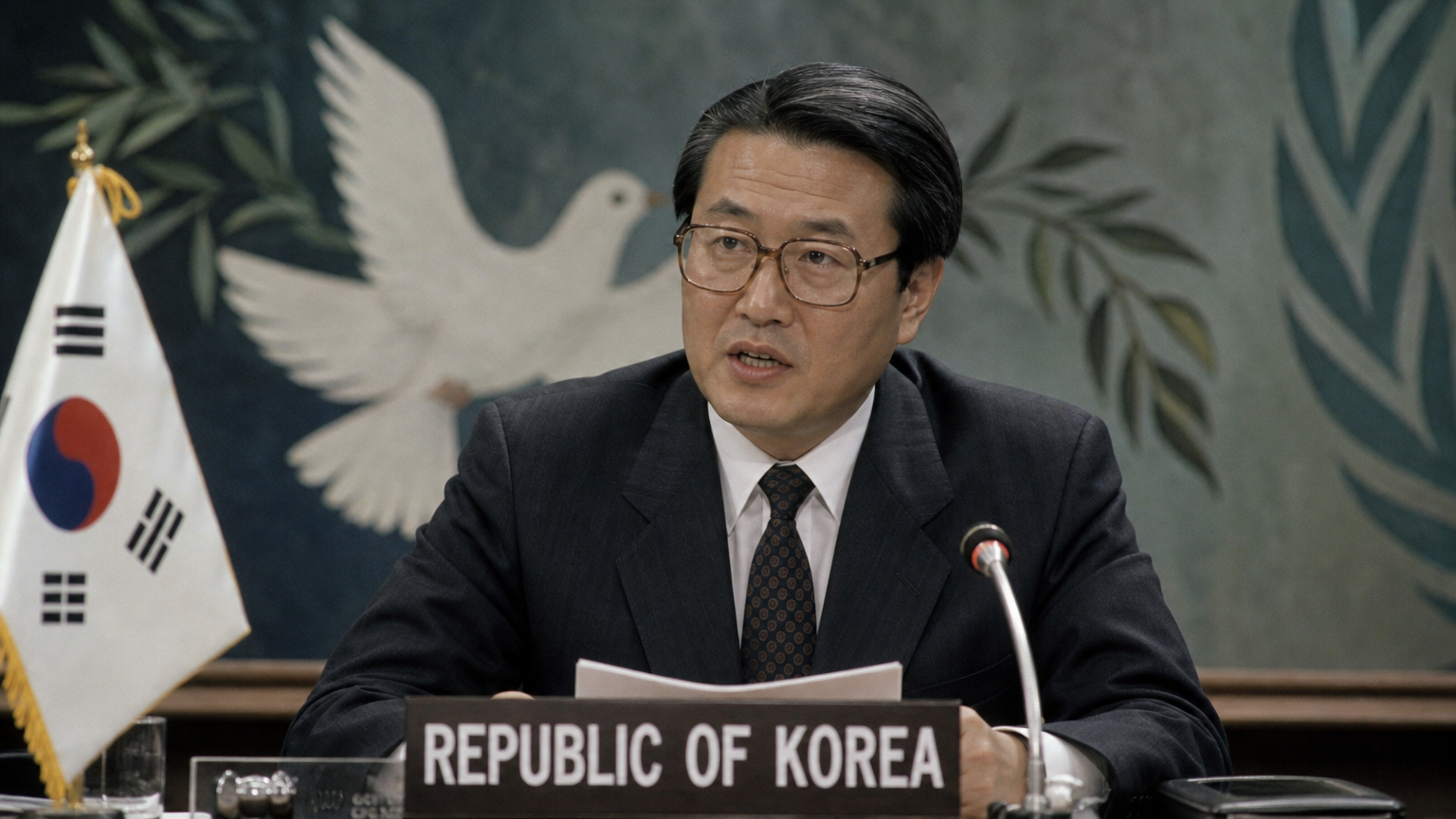 1980년대 후반 회의에서 공존을 촉진하는 한국 외교관과 평화를 상징하는 비둘기와 올리브 가지