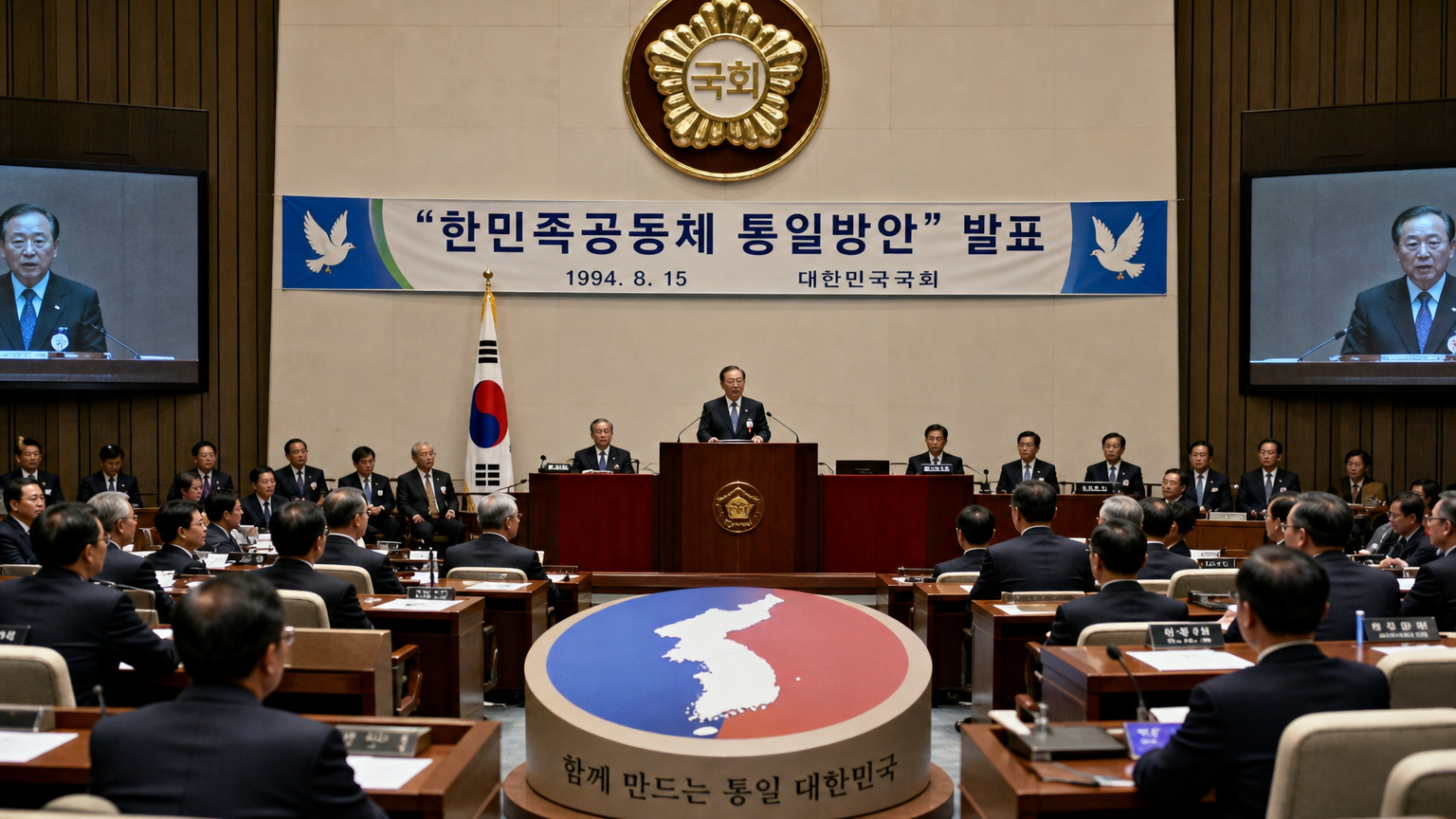 '한민족공동체 통일방안' 발표 당시 국회의사당에서 토론 중인 정치인들과 단합 상징물