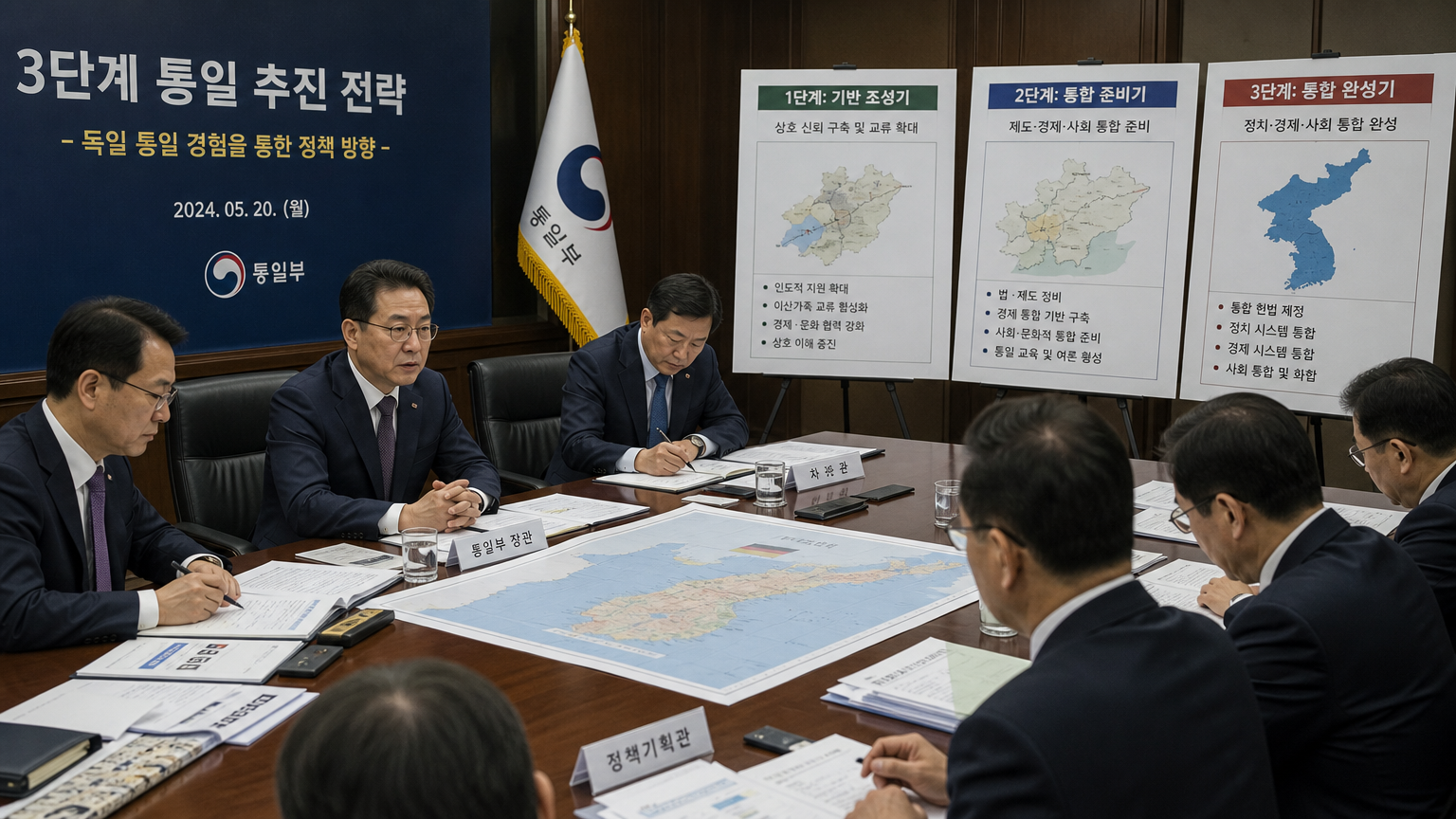 독일 경험을 참고하여 제작된 3단계 통일 계획 문서와 지도가 있는 전략 회의실과 한국 정부 관계자들