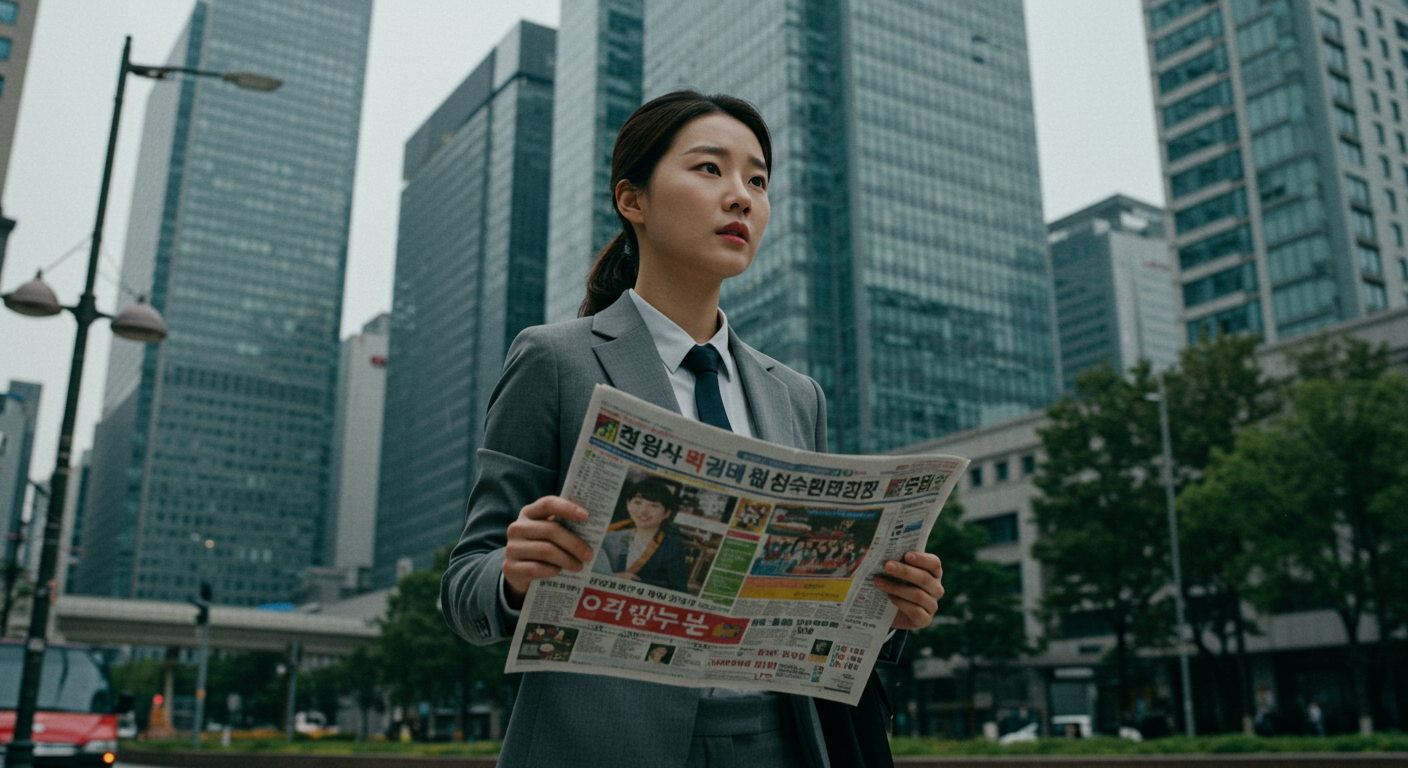 서울 금융 지구에서 신문을 읽고 있는 현대적 사무직원의 모습, 물가와 금리에 관한 헤드라인이 보임