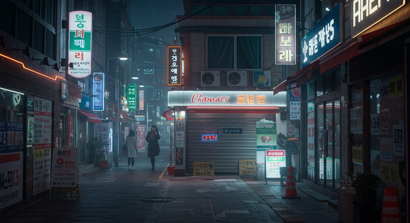 밤에 조명이 켜진 대구의 약국 거리 전경