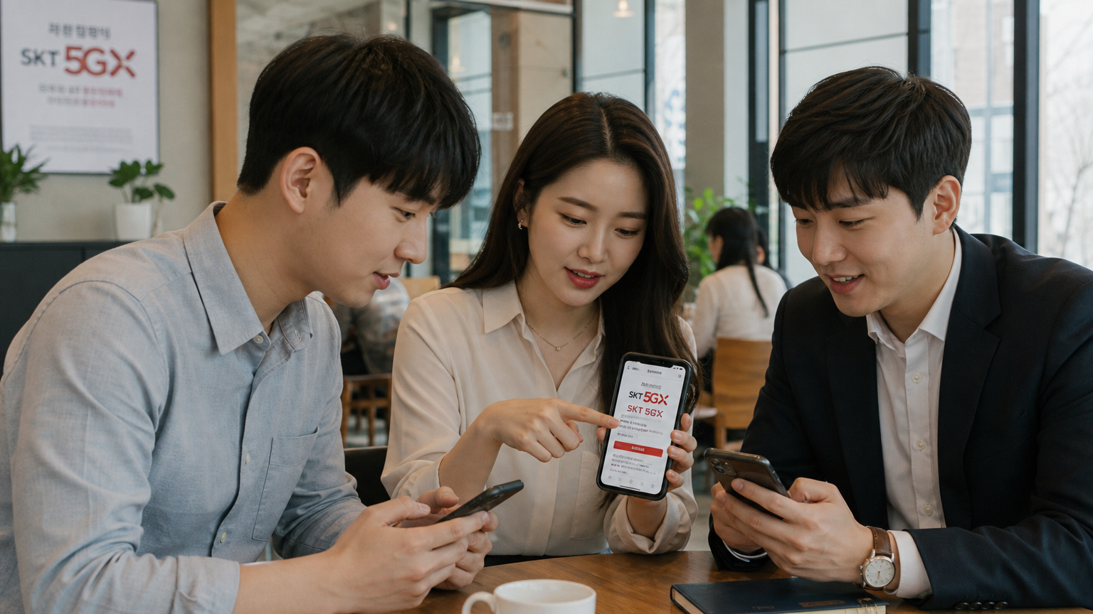 카페에서 스마트폰으로 새로운 SKT 5G 요금제를 검토하는 직장인들