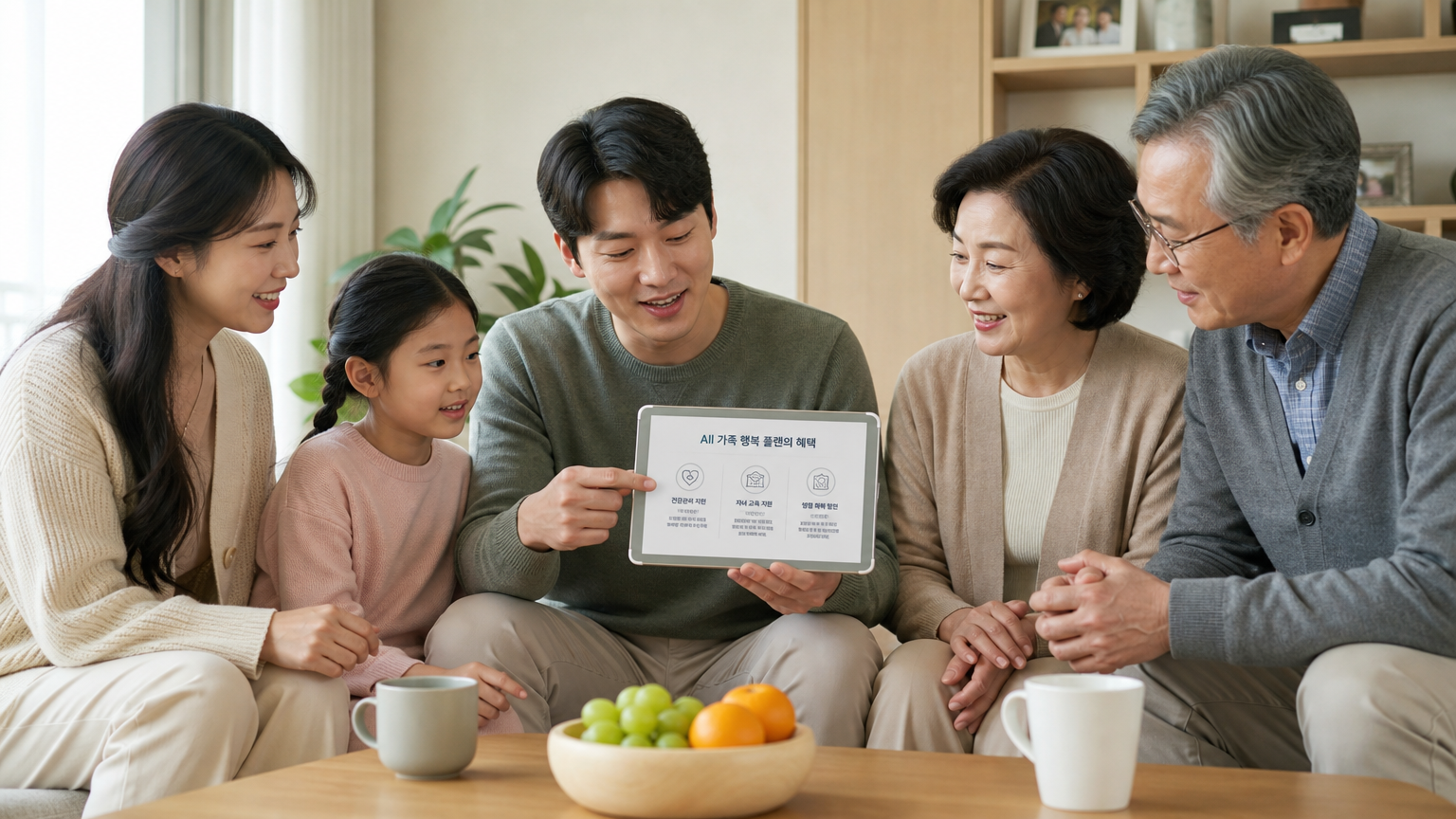 다양한 연령대의 한국 가족이 거실에서 온가족 행복 플랜을 논의하는 모습