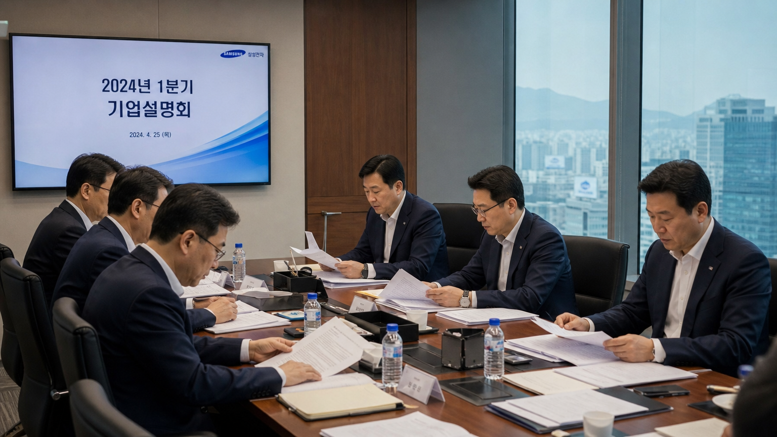 현대식 회의실에서 공시 문서를 검토하는 한국인 경영진들의 모습