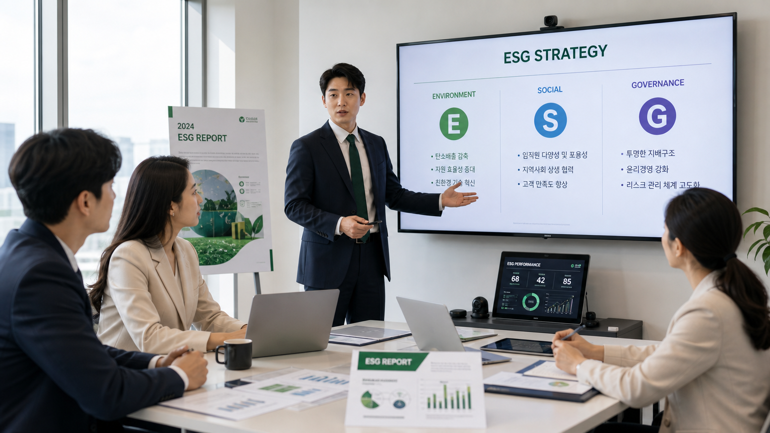 밝은 회의실에서 ESG 전략을 논의하는 한국 전문가들