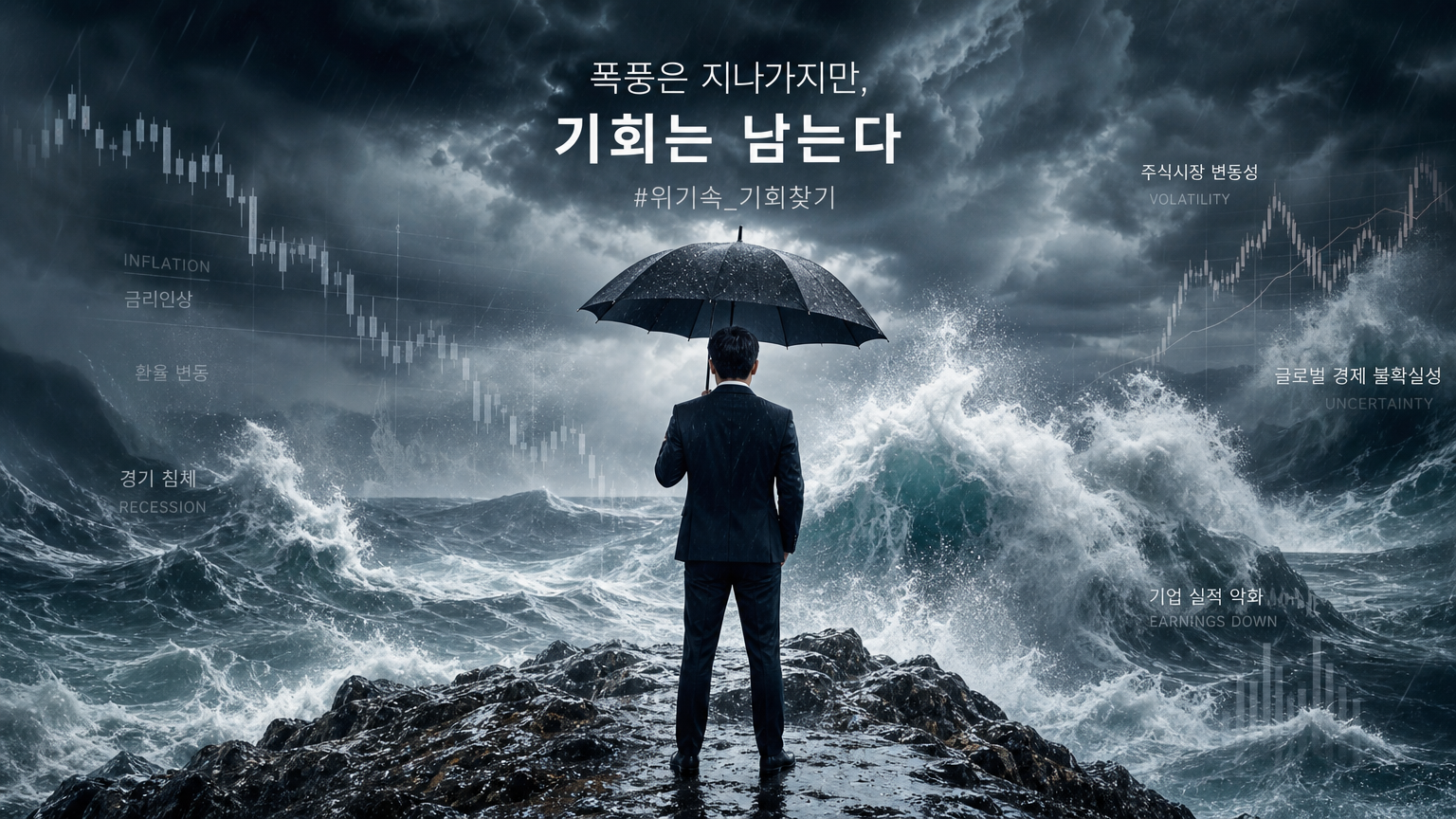 금융 변동성을 상징하는 폭풍우 속에서 우산을 든 한국 사업가