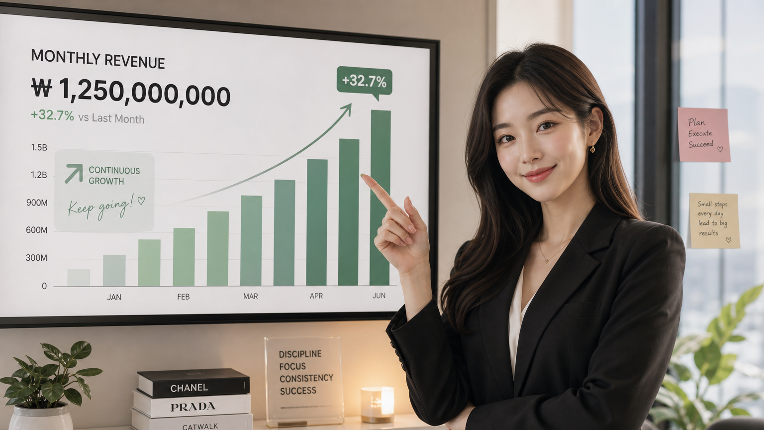 상승하는 재무 수치를 가리키는 한국 여성 비즈니스 전문가