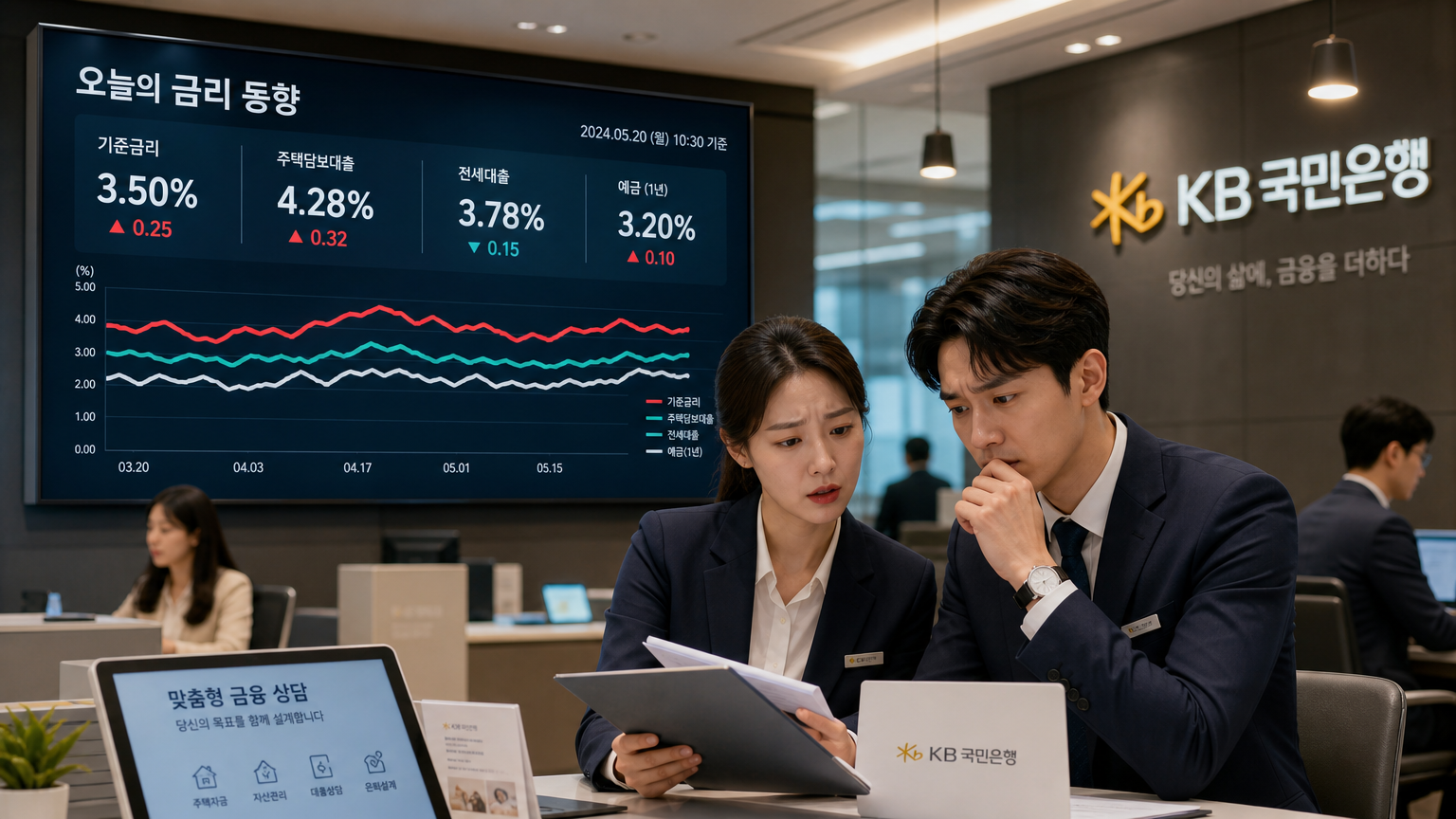 이자율 그래프와 함께 토론 중인 은행 직원들