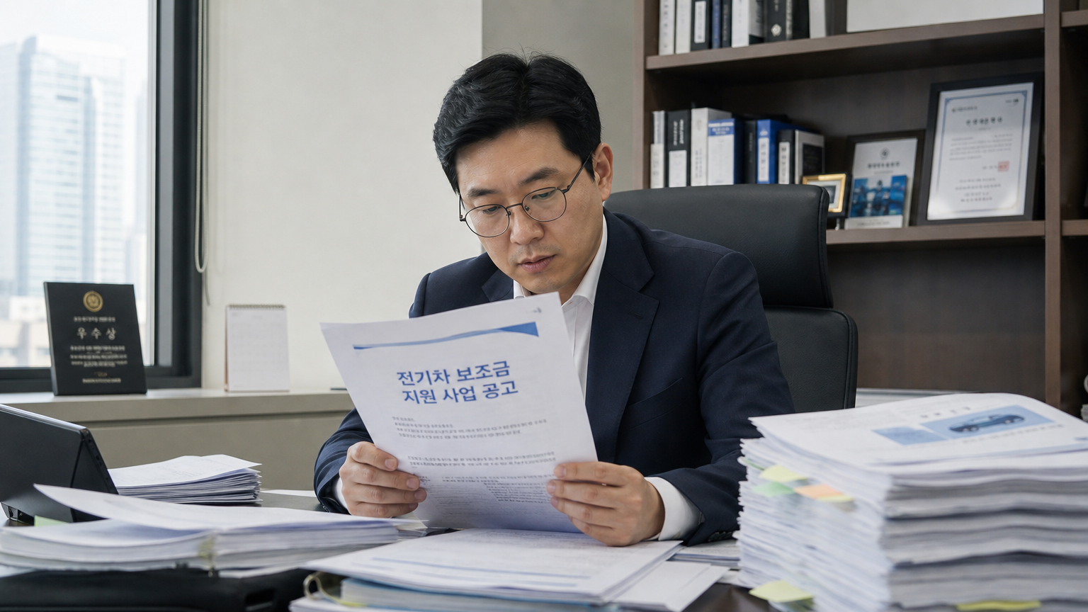 전기차 보조금 관련 서류를 읽는 비즈니스맨