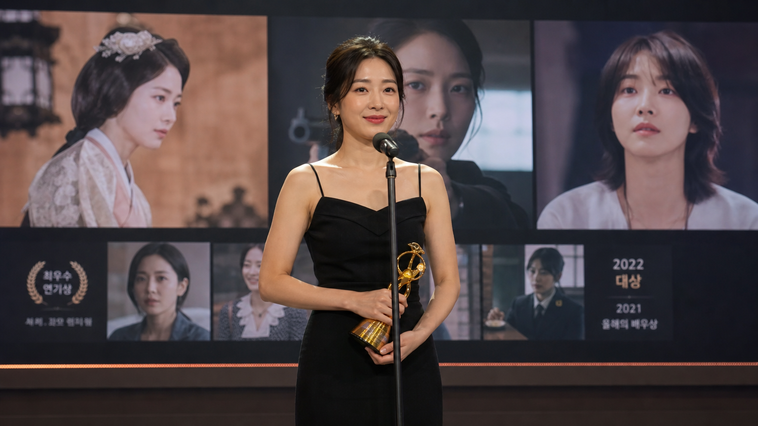 다양한 역할과 수상 경력을 배경으로 무대에 서 있는 배우의 모습
