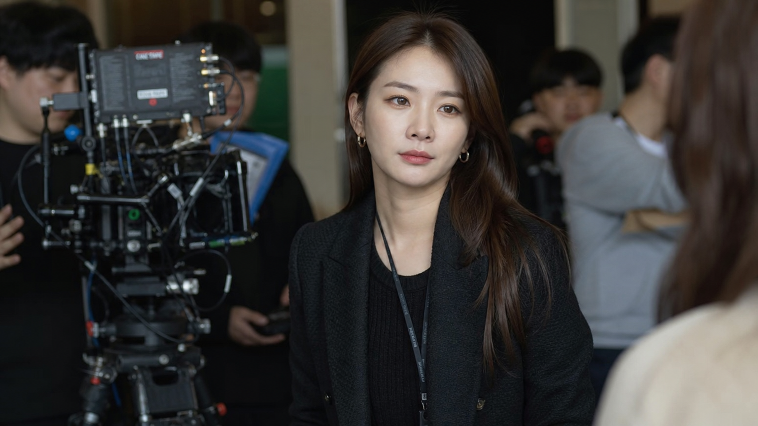 한국 드라마 세트장에서 조연 역할을 맡고 있는 여배우의 장면
