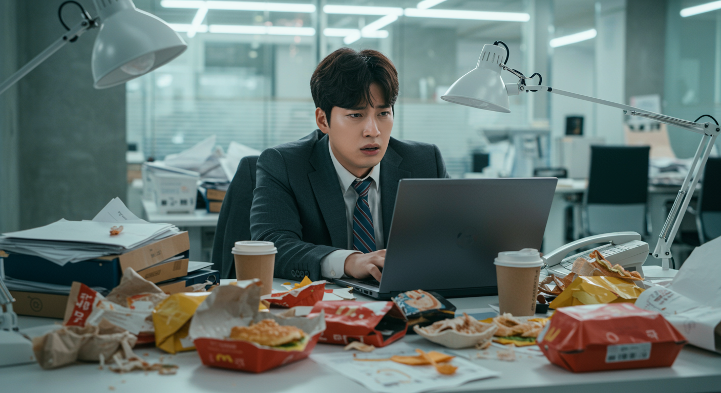 바쁜 일상 속 스트레스 받는 직장인과 책상 위 패스트푸드와 커피 컵