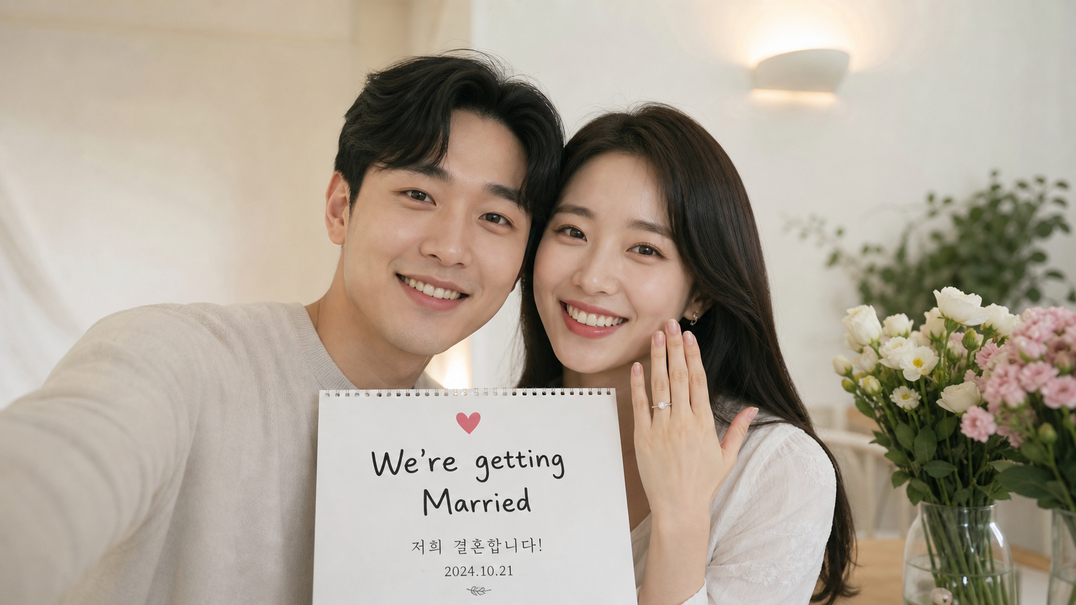 결혼 소식을 발표하며 기뻐하는 한국 커플의 모습