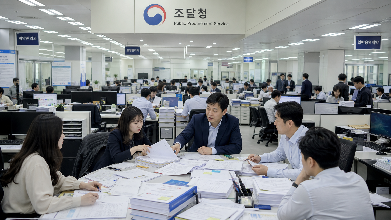 다양한 전문가들이 계약에 대해 논의하는 현대적인 한국 정부 조달 사무실