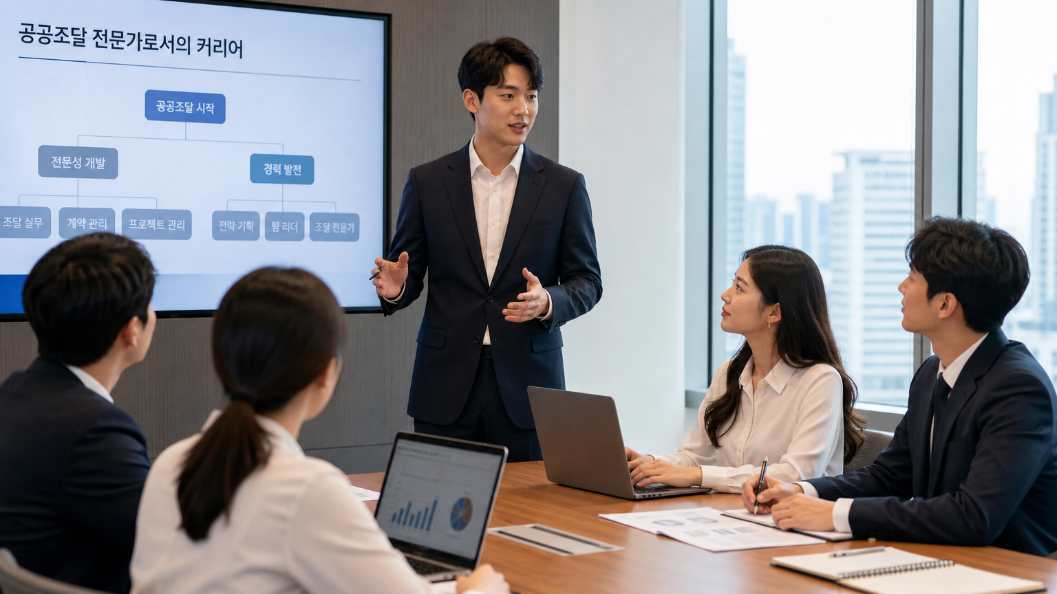 야심 찬 젊은 한국인들이 공공조달 관리자 경력을 논의하는 모습