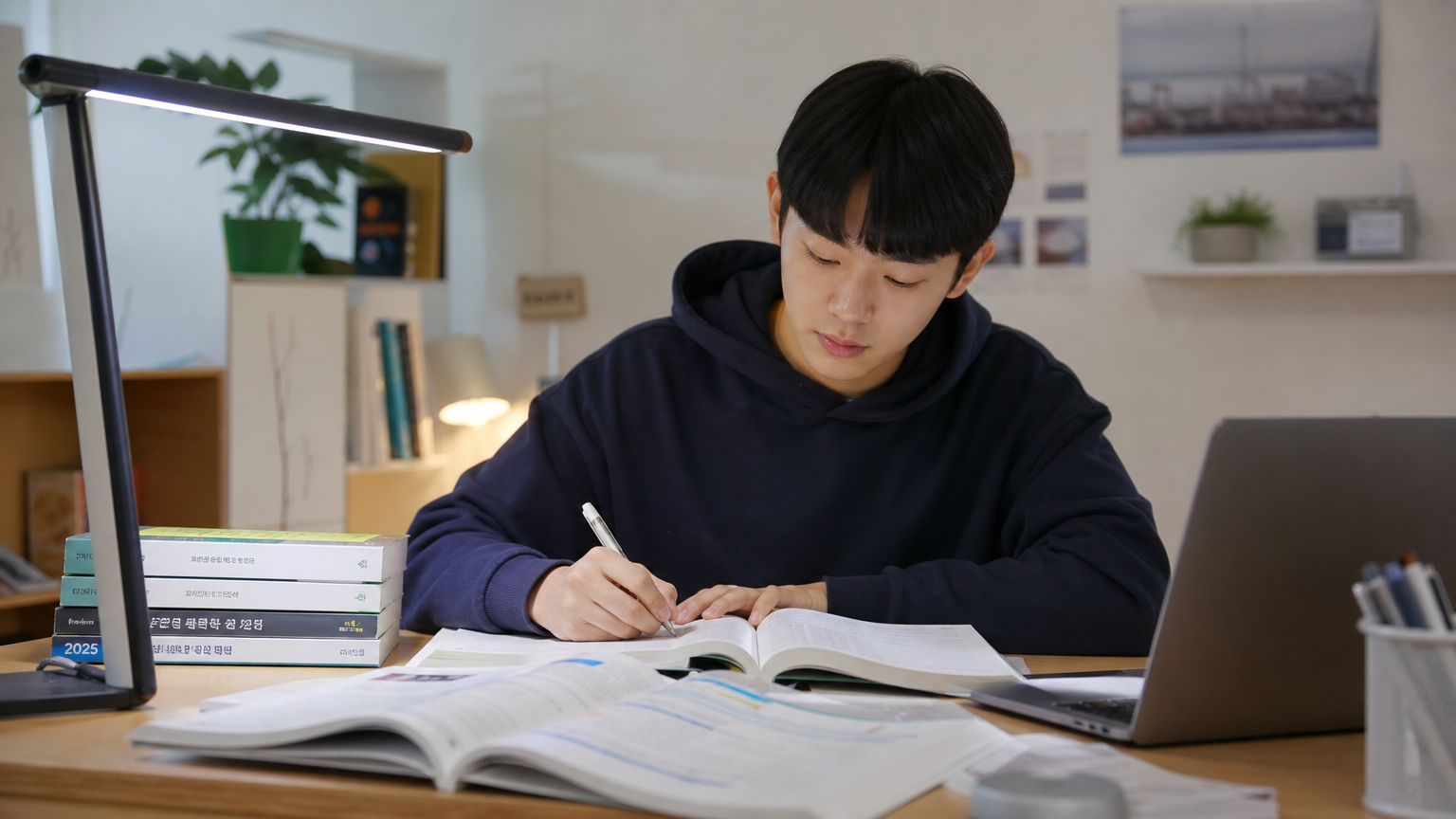 교과서와 노트북으로 공부 중인 집중한 학생의 현대적 학습 환경