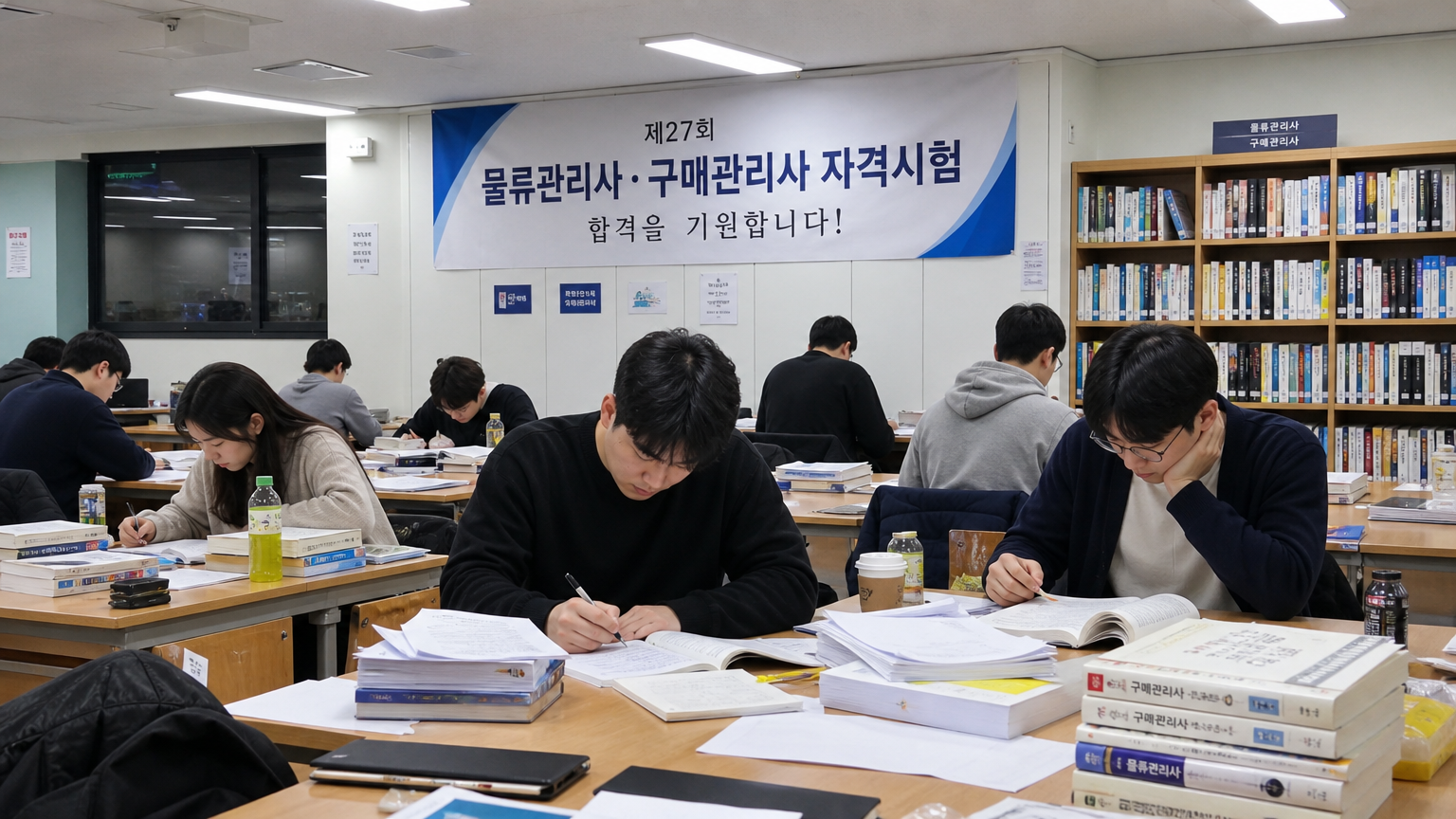 도서관에서 조달 인증 시험을 위해 열심히 공부하는 수험생들