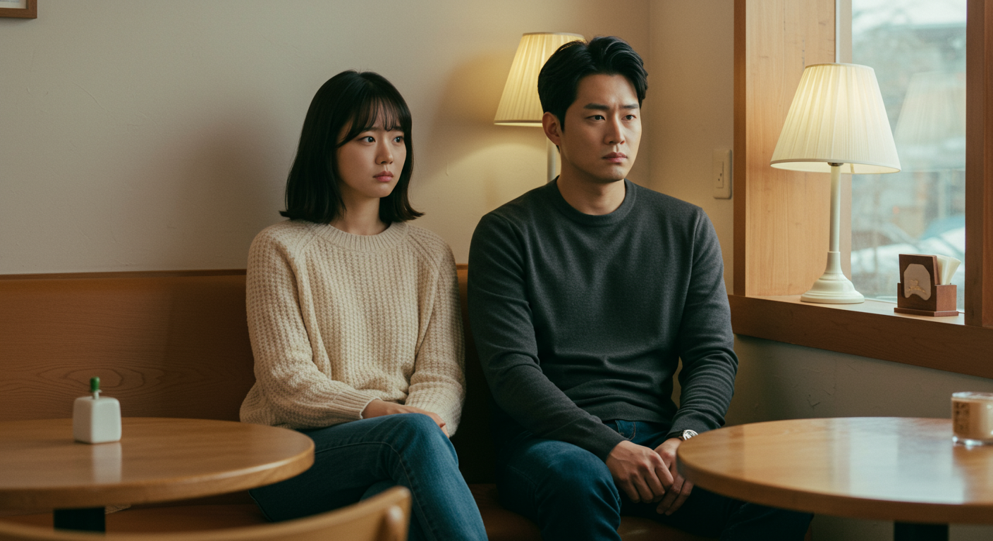 아늑한 카페에서 혼란스러운 감정을 보이는 커플의 모습, 한 명은 생각에 잠기고 다른 한 명은 멀리 있는 듯한 태도.