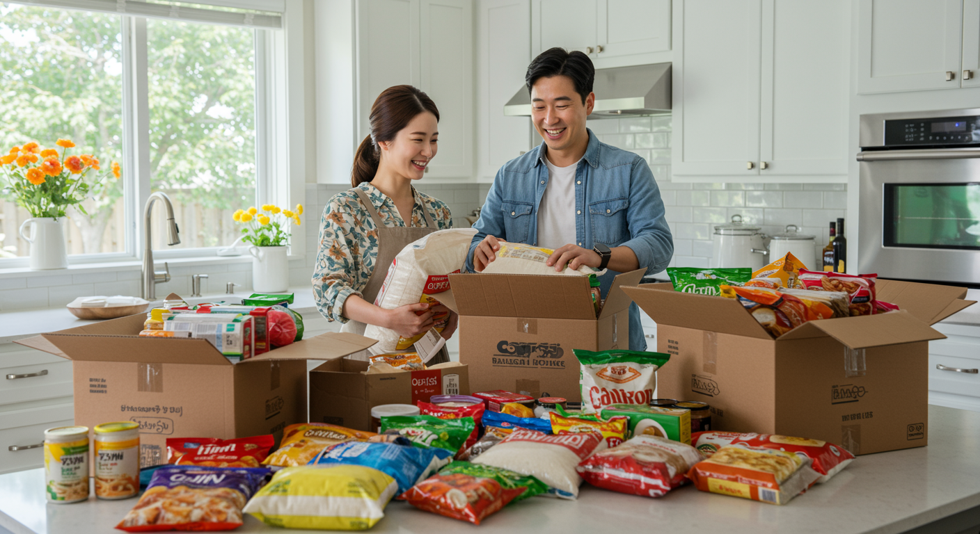 부부가 주방에서 코스트코에서 주문한 대용량 식품 상자를 여는 모습