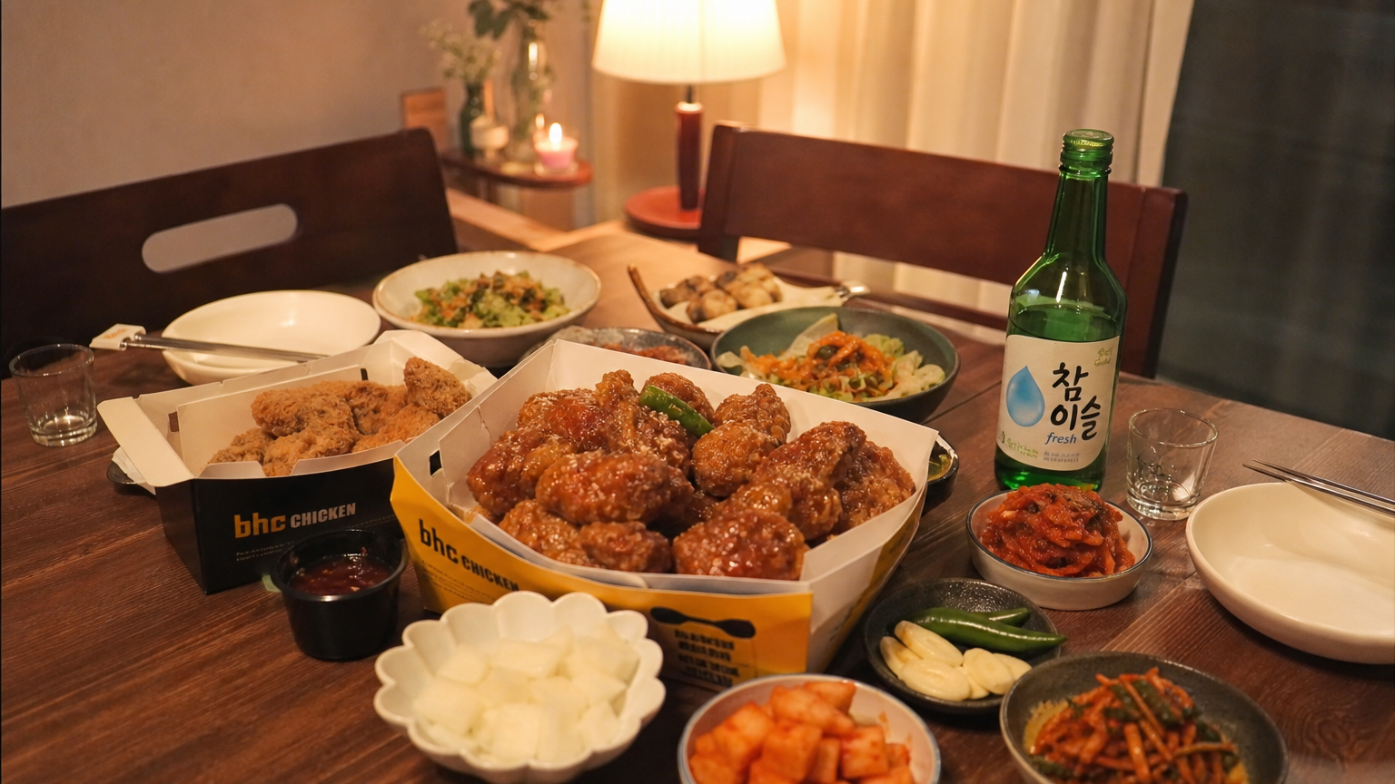 아늑한 분위기 속에서 다양한 사이드 메뉴와 함께 차려진 BHC치킨