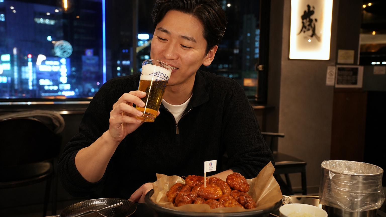 현대적인 도시 바에서 소맥 한 잔과 함께 맛초킹 치킨을 즐기는 모습