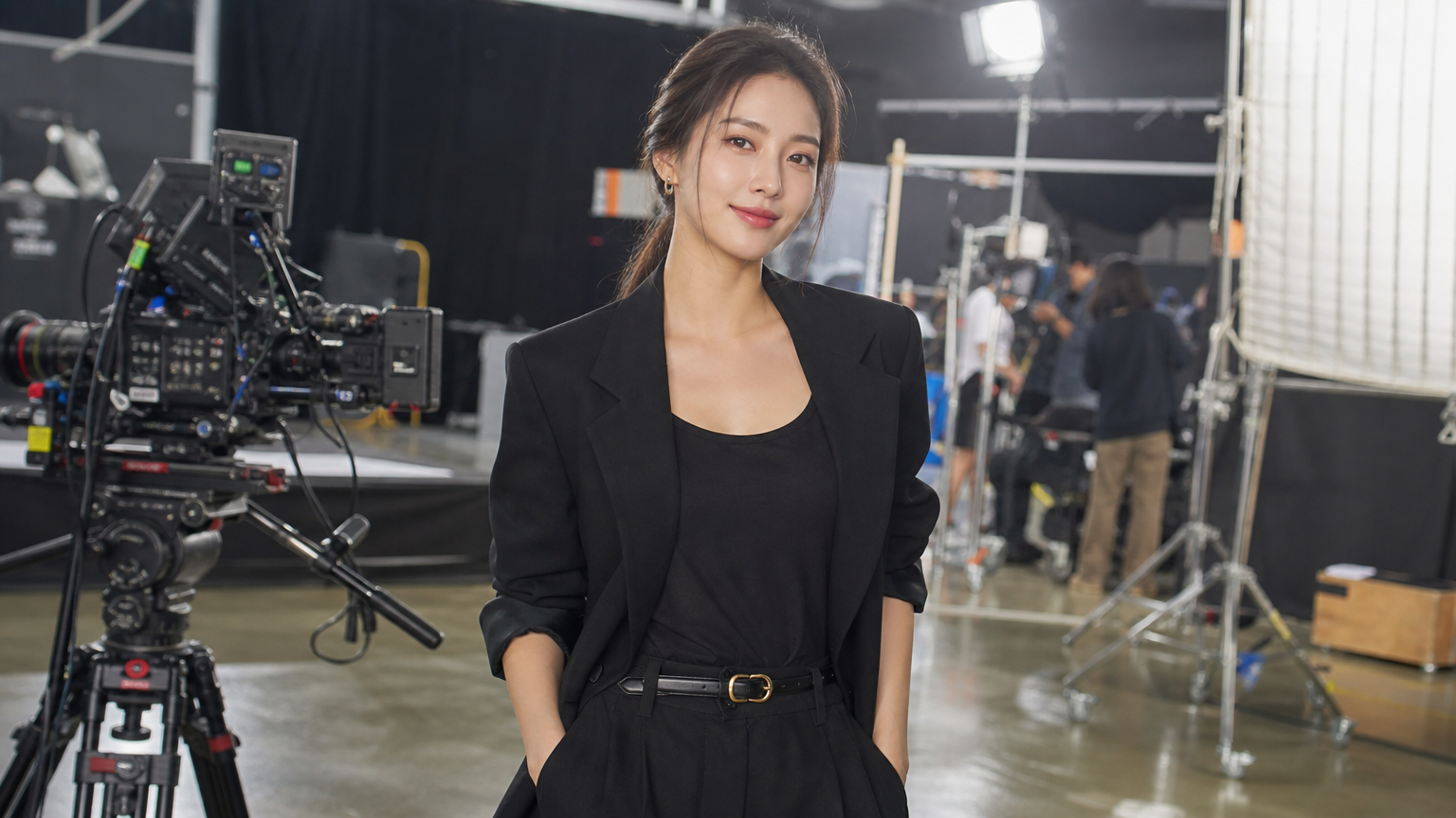 세련된 의상을 입은 현대 한국 여배우가 촬영 스튜디오에서 카메라 장비와 조명 사이에 서 있는 모습