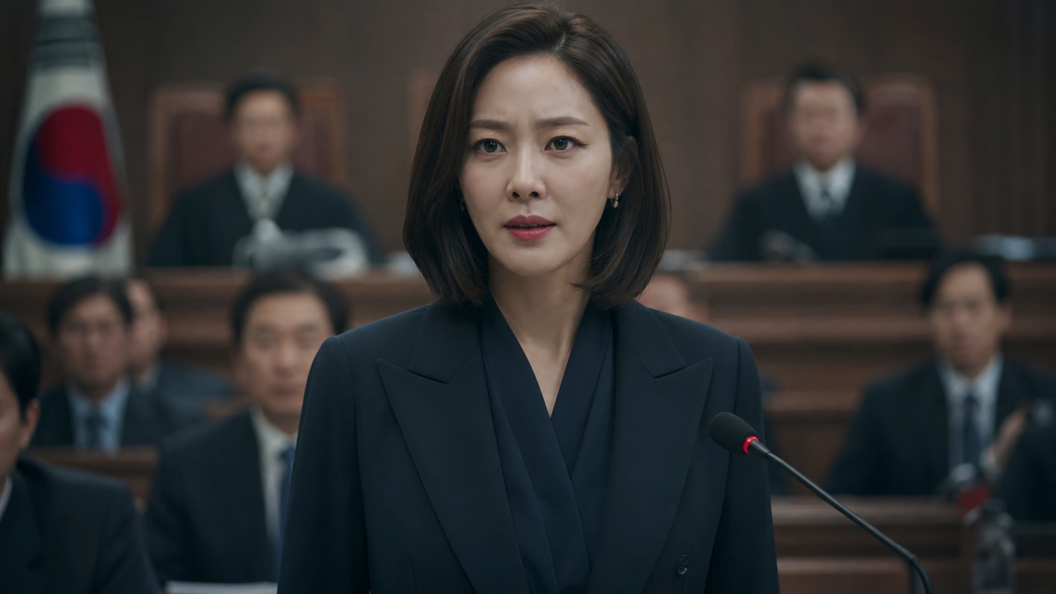 강렬한 표정으로 법정에서 카리스마 넘치는 변호사를 연기하는 한국 여배우의 모습
