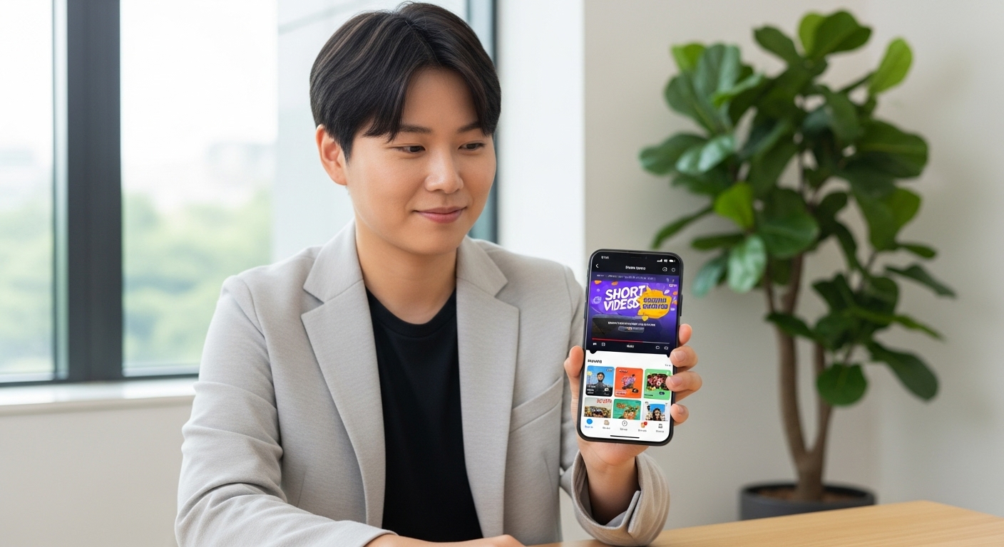 젊은 전문가가 스마트폰으로 생동감 넘치는 숏폼 콘텐츠를 즐기는 모습
