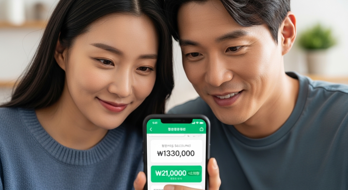 스마트폰 앱으로 적금 잔액을 확인하며 미소 짓는 커플