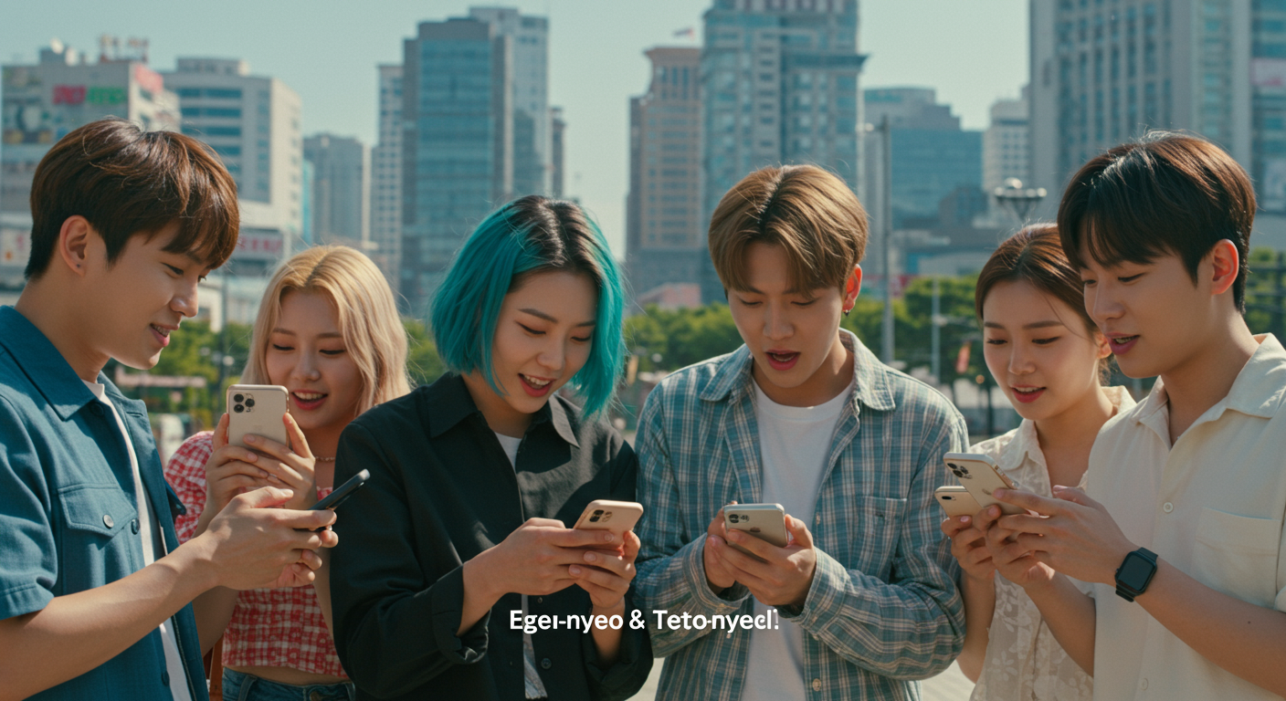 젊은 사람들이 스마트폰으로 에겐녀와 테토녀 트렌드를 이야기하는 모습